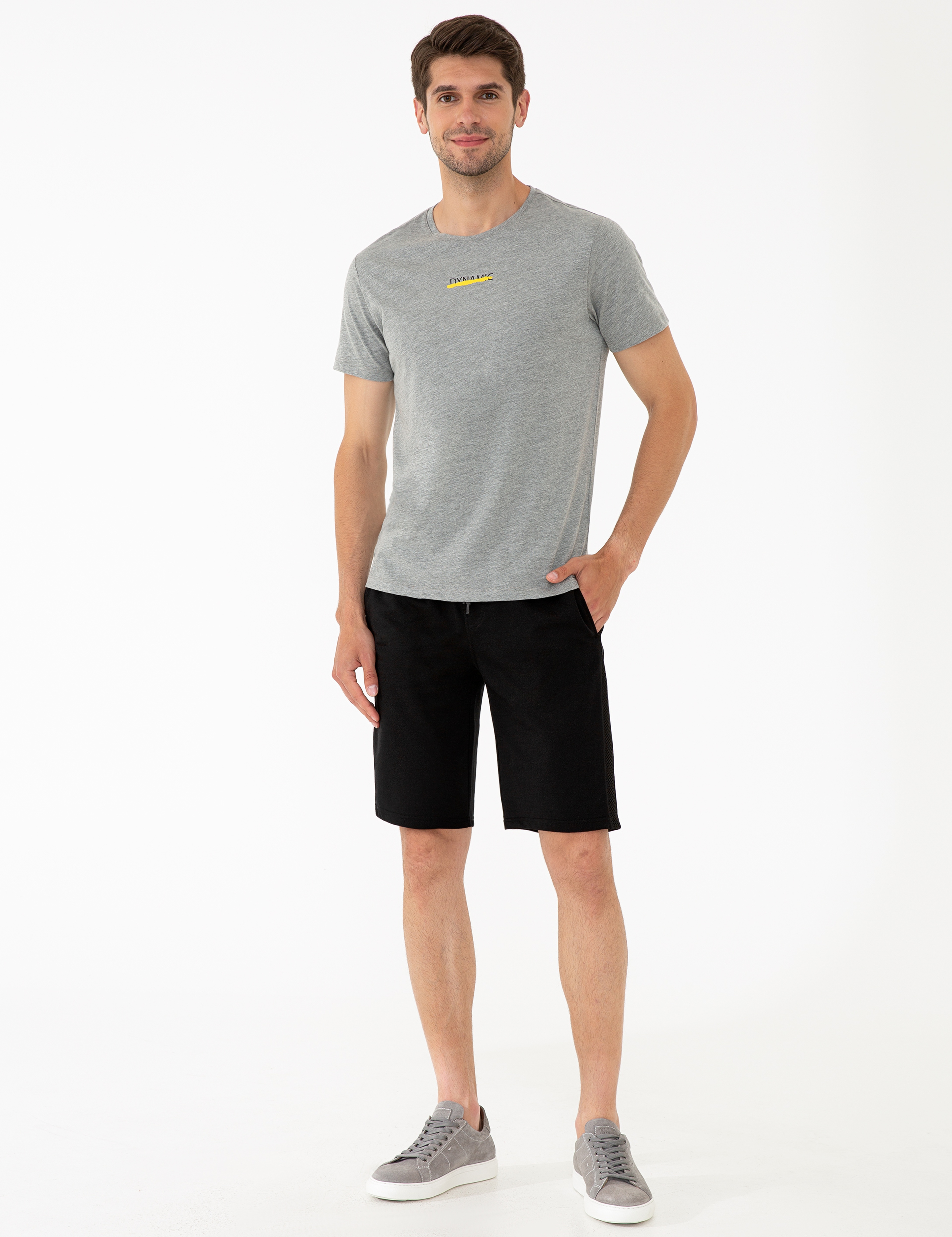 Gri Melanj Slim Fit Dynamic Baskılı Bisiklet Yaka Tişört - Image 4
