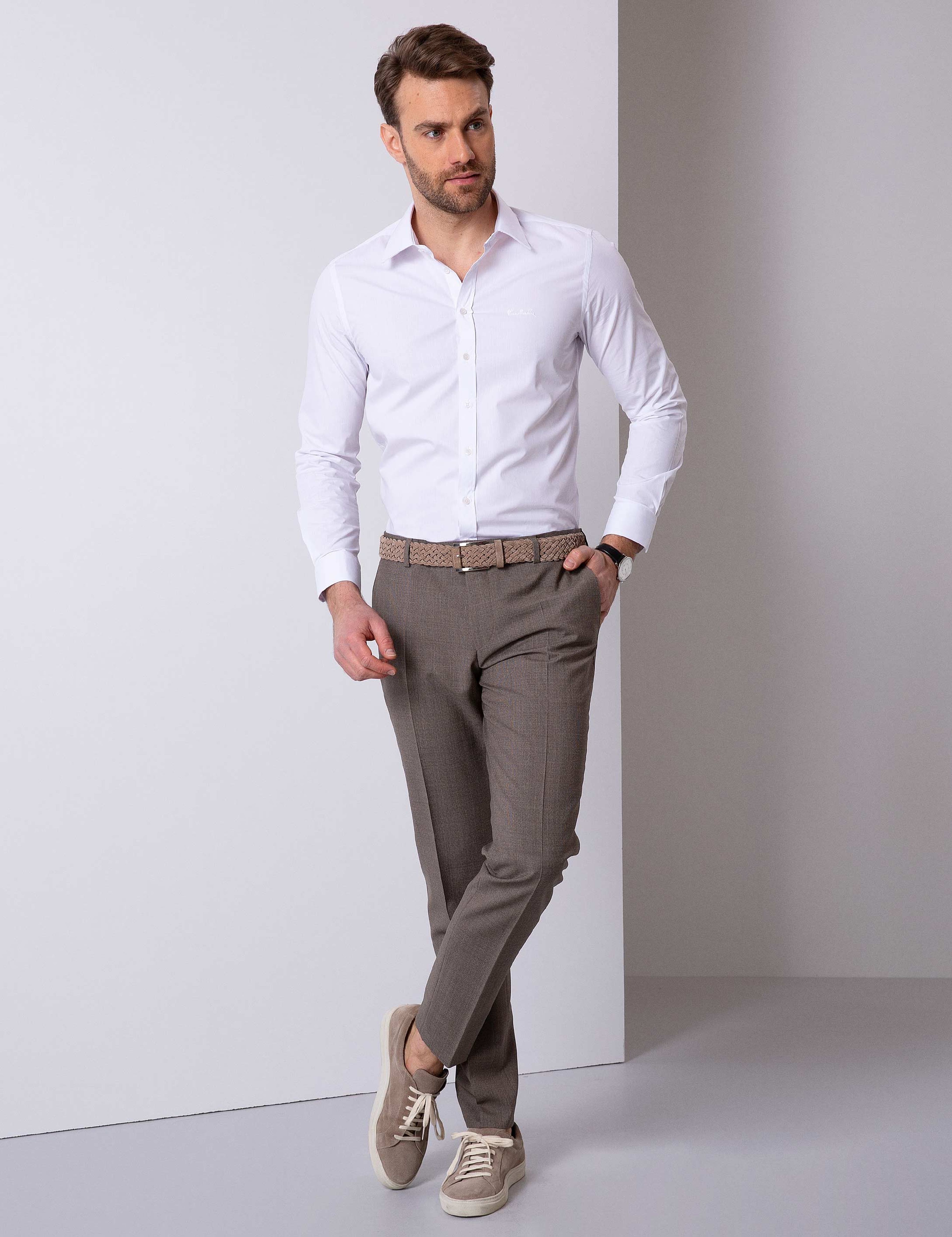 Beyaz Slim Fit Uzun Kollu Basic Gömlek - Image 2