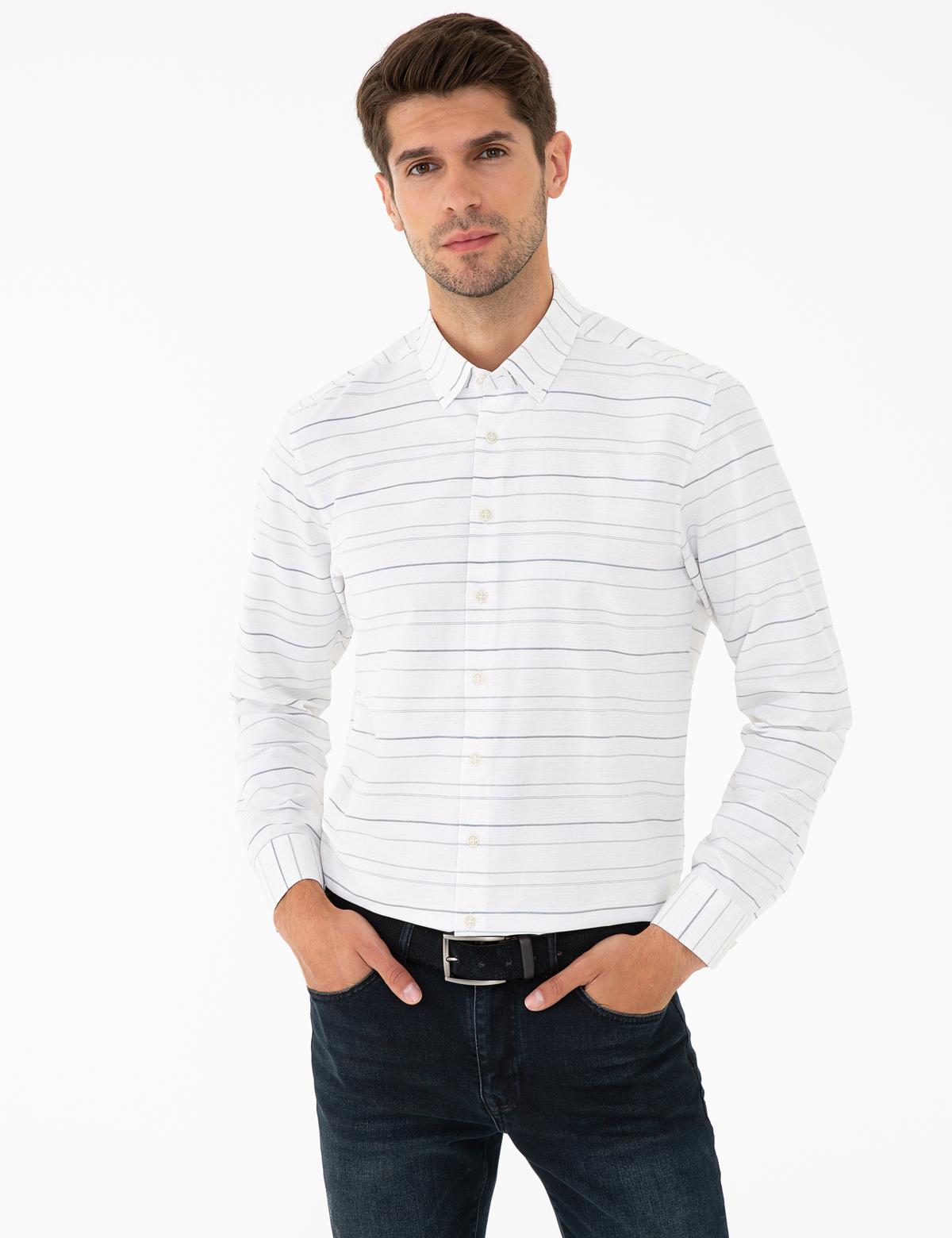 Beyaz Slim Fit Keten Karışımlı Gömlek