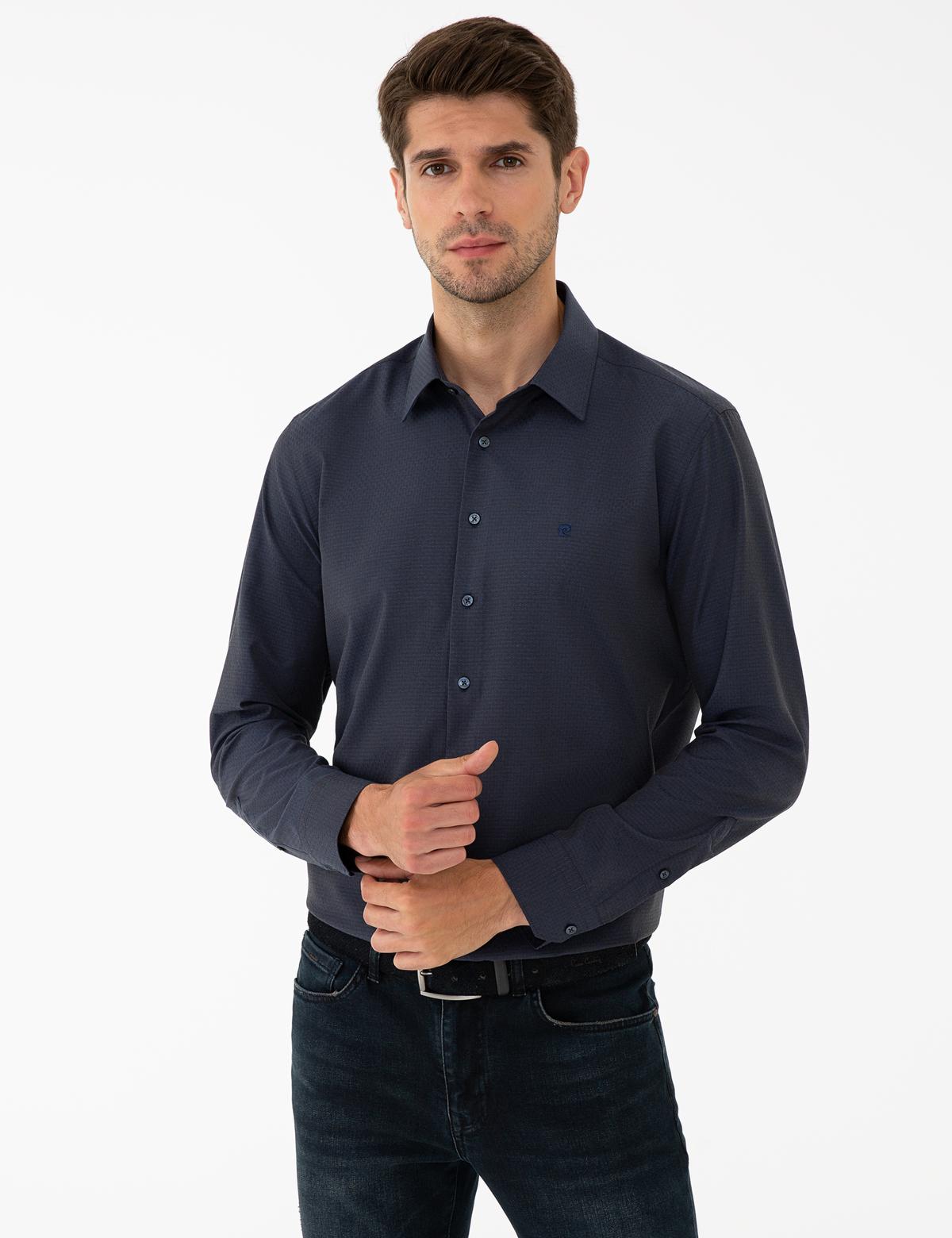 Lacivert Slim Fit Armürlü Gömlek