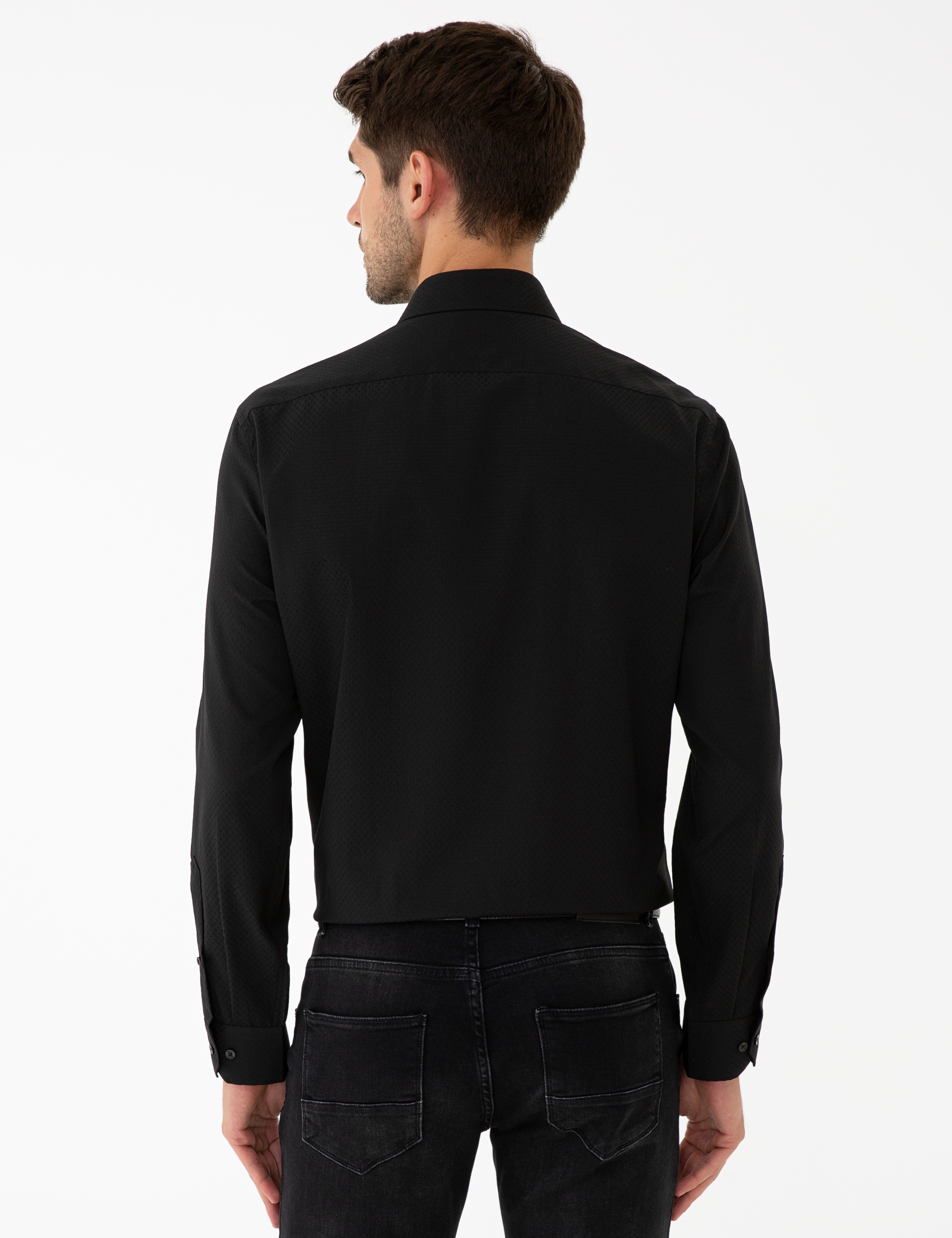 Siyah Slim Fit Armürlü Gömlek - Image 4