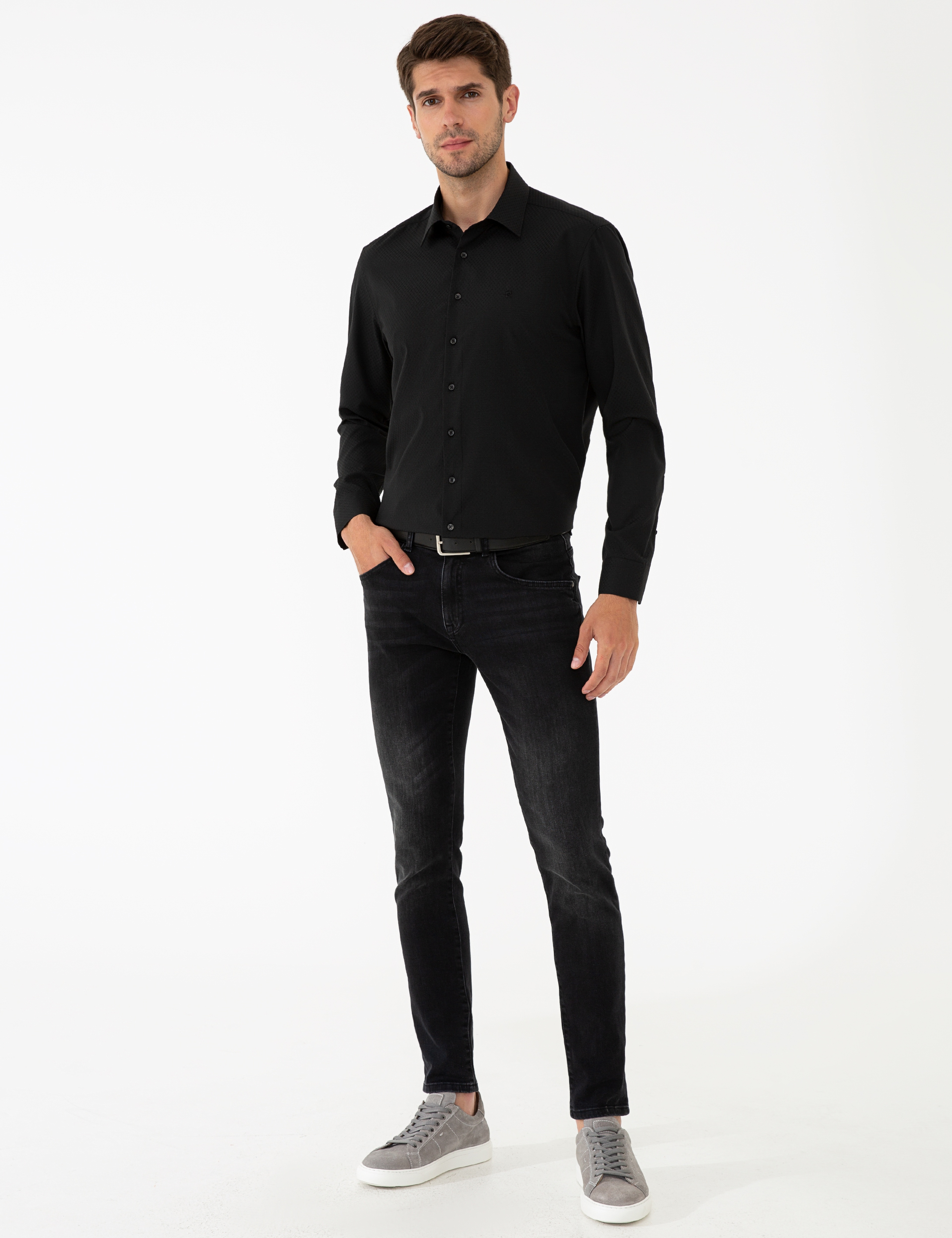 Siyah Slim Fit Armürlü Gömlek - Image 3