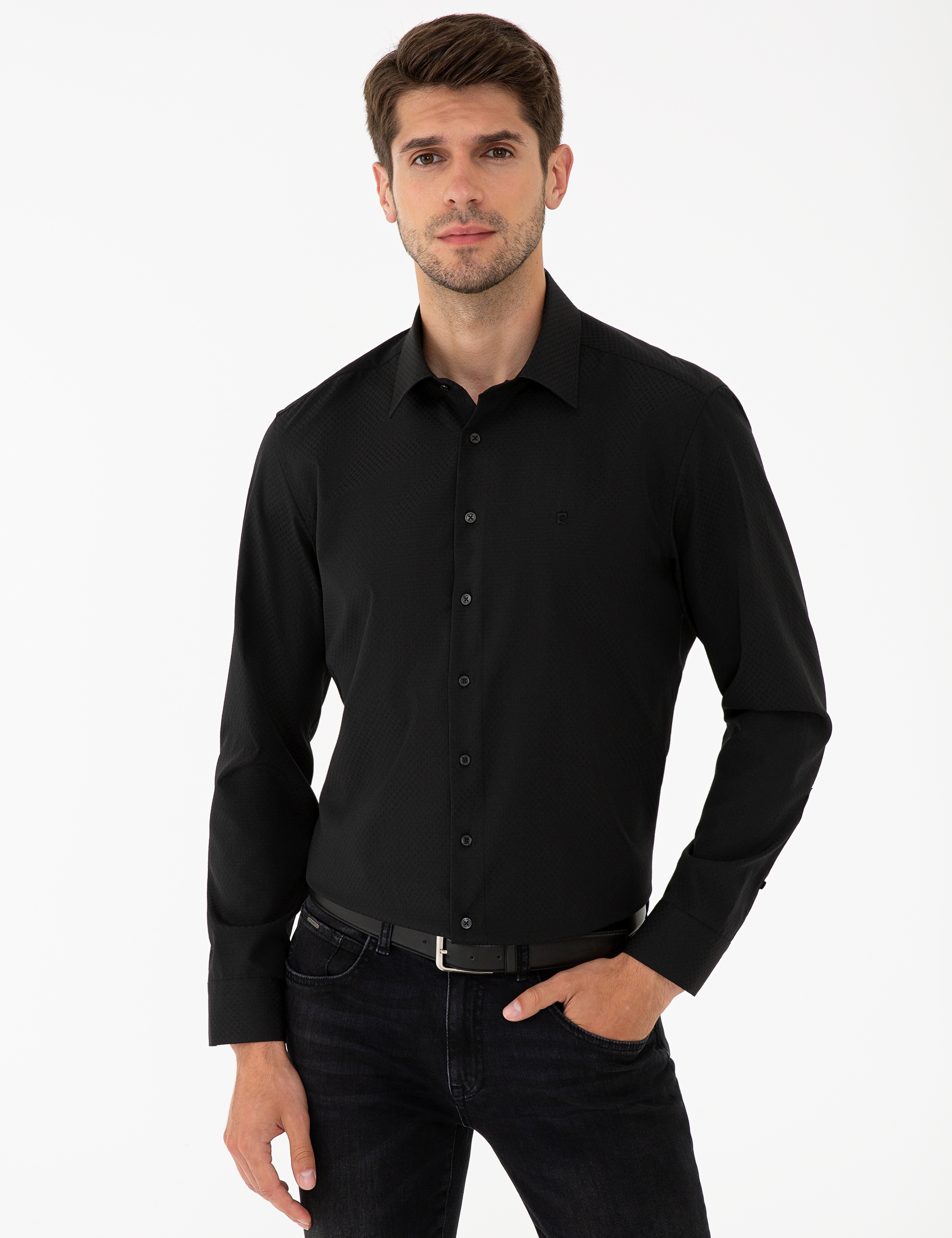 Siyah Slim Fit Armürlü Gömlek - Image 1