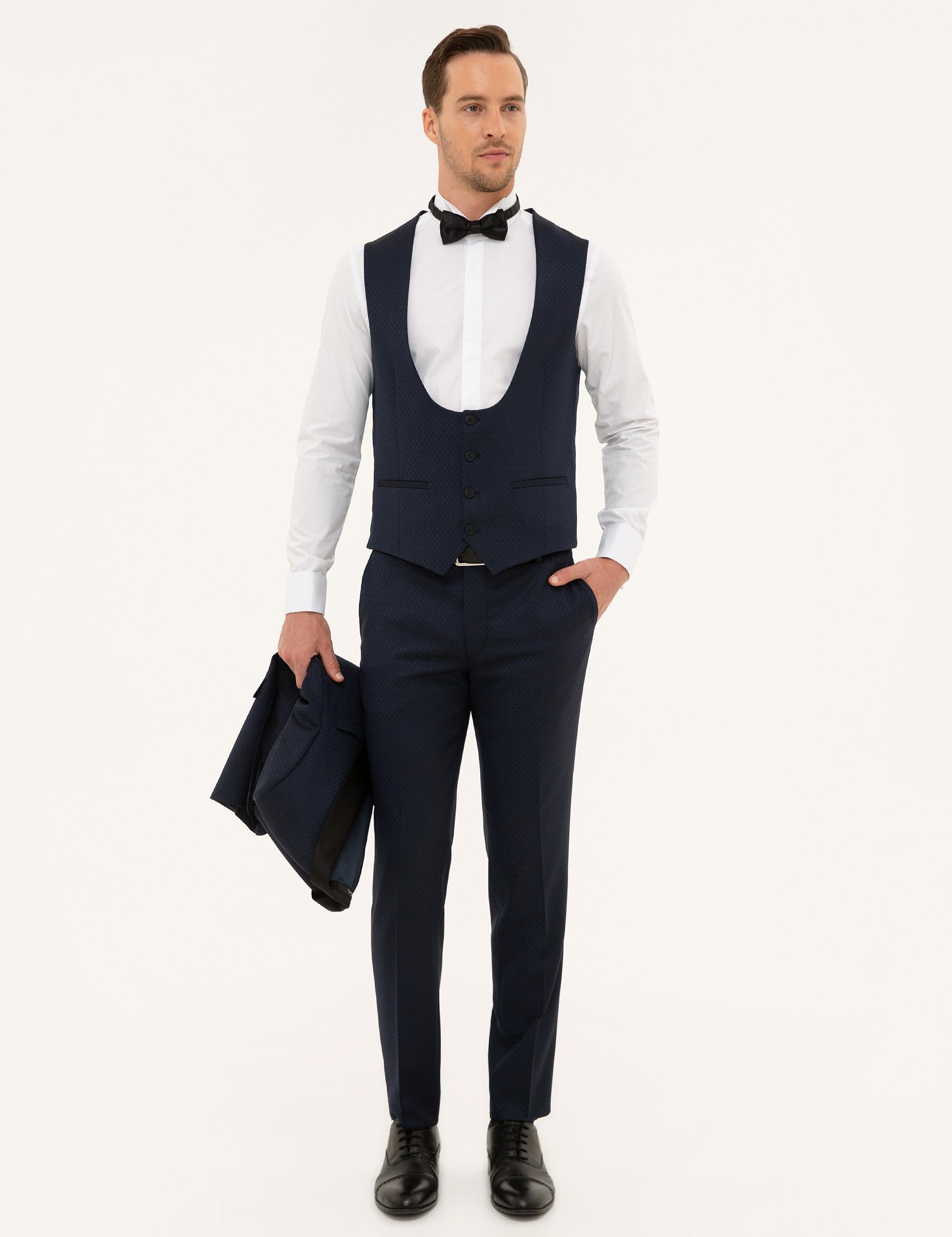 Lacivert Yelekli Ekstra Slim Fit Damatlık Smokin