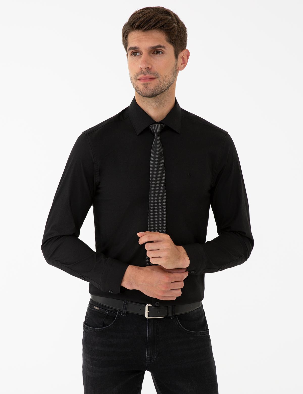 Siyah Slim Fit Likralı Basic Gömlek