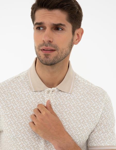 Bej Slim Fit Baskılı Polo Yaka Tişört - 50232386176