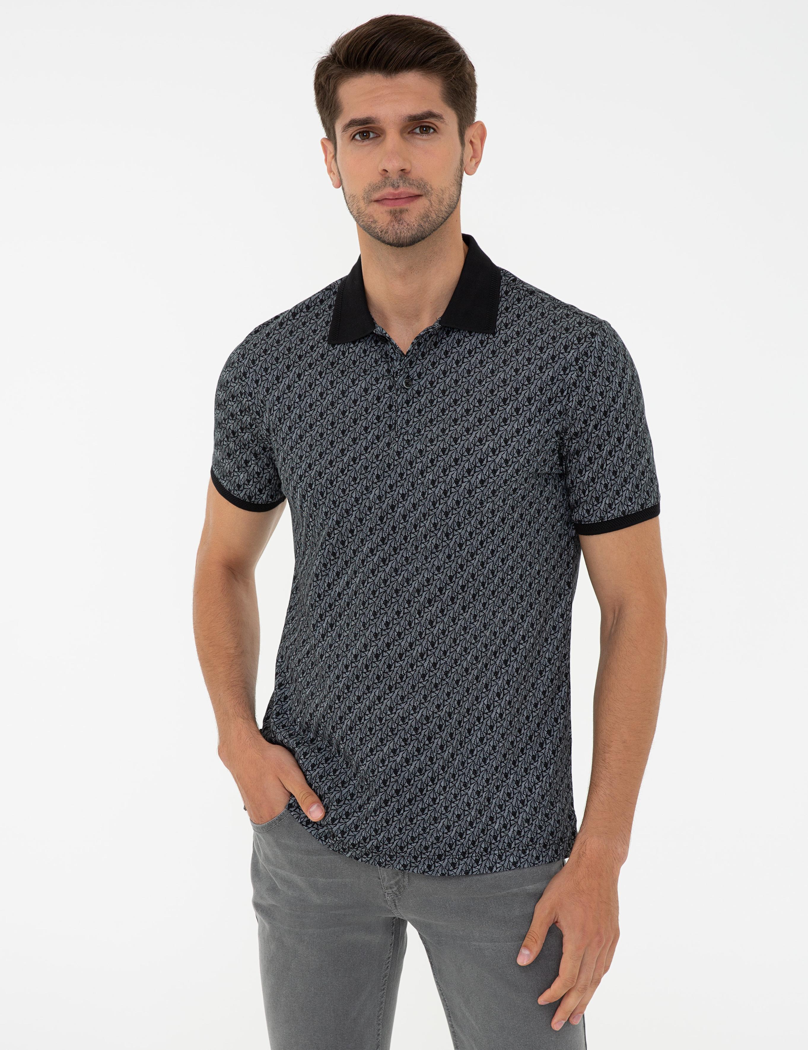 Siyah Slim Fit Desenli Polo Yaka Tişört