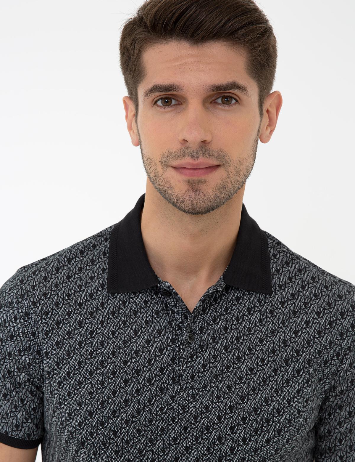 Siyah Slim Fit Desenli Polo Yaka Tişört - 50232401110