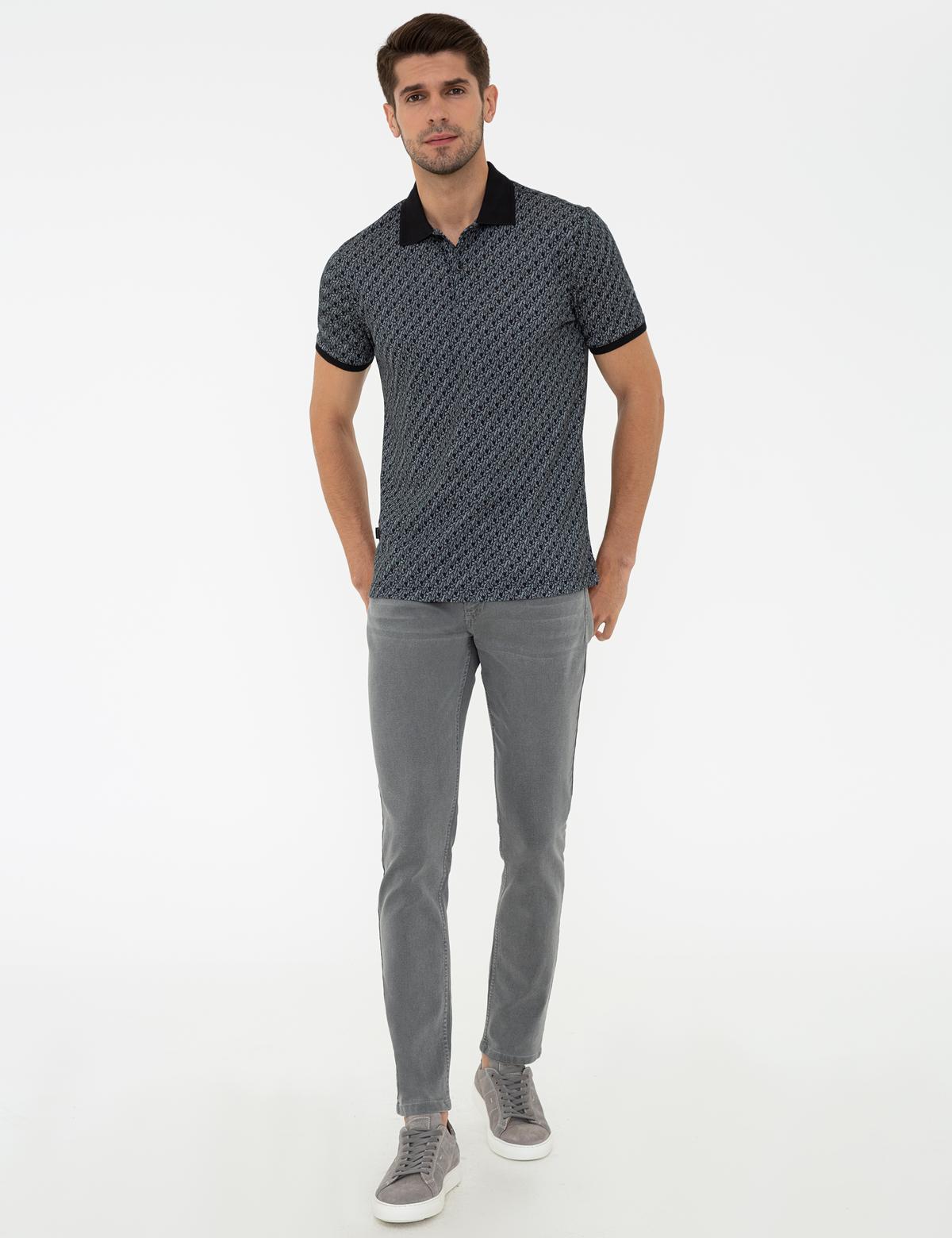 Siyah Slim Fit Desenli Polo Yaka Tişört - 50232401110