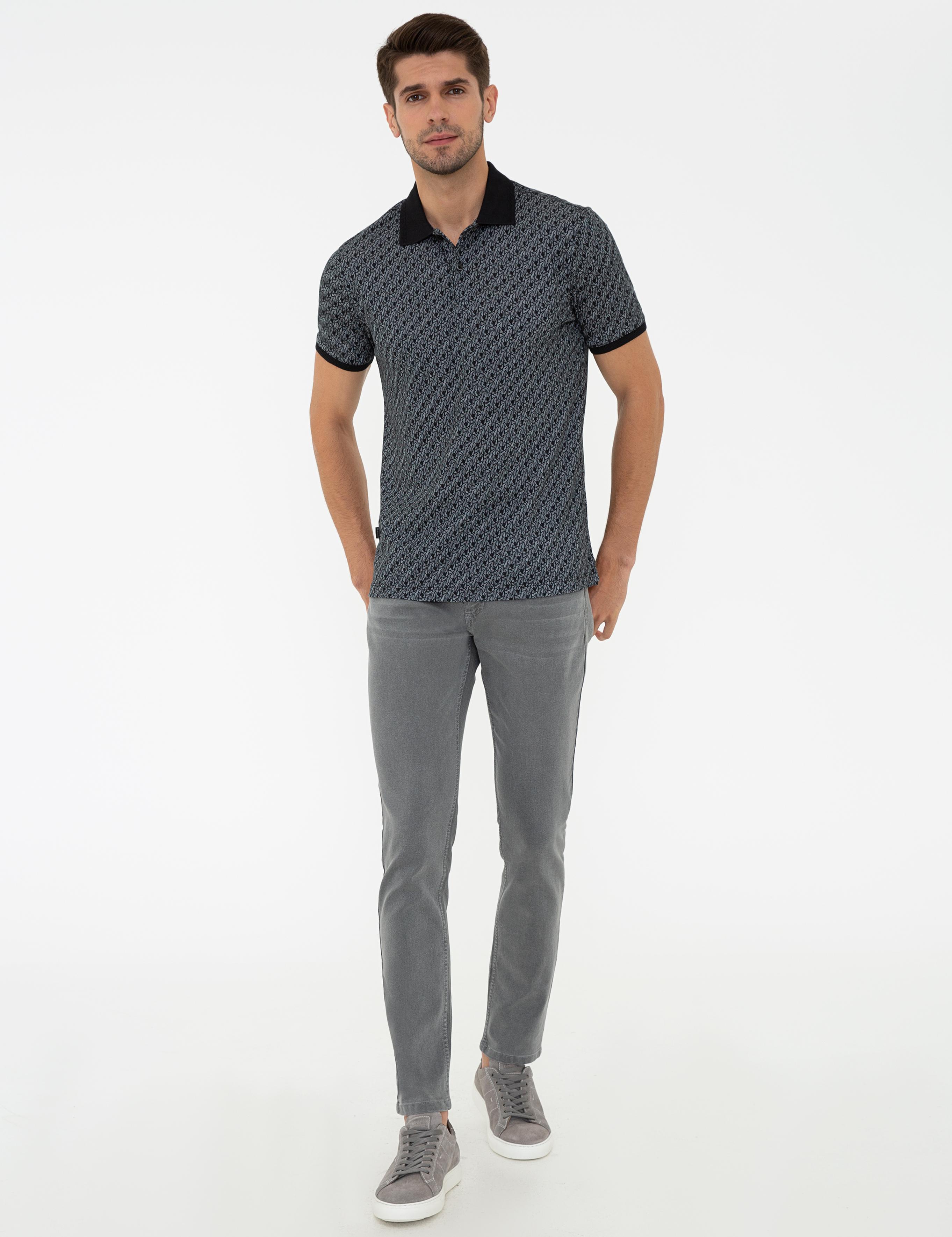 Siyah Slim Fit Desenli Polo Yaka Tişört