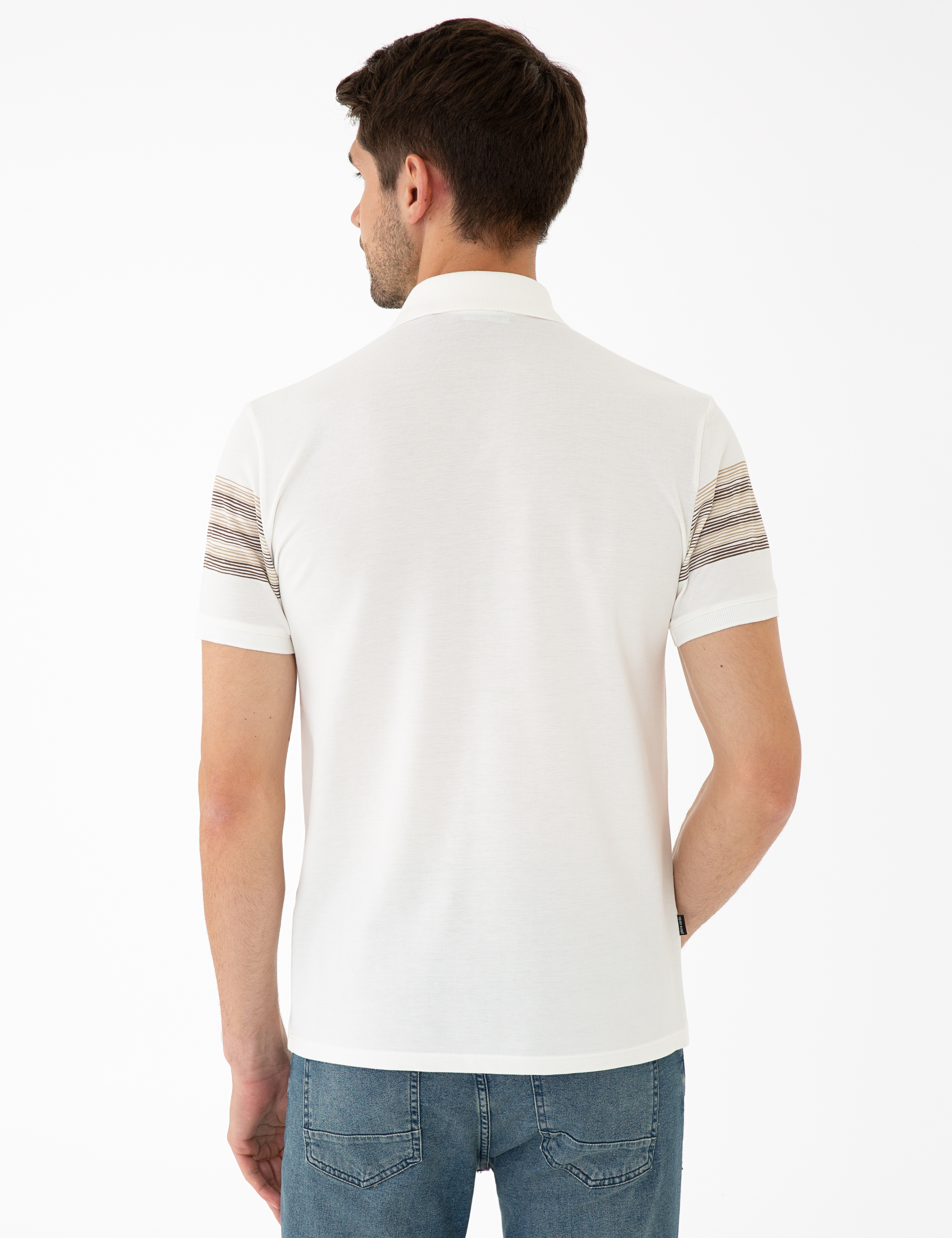 Açık Kahverengi Detaylı Beyaz Slim Fit Polo Yaka T-Shirt - Image 3