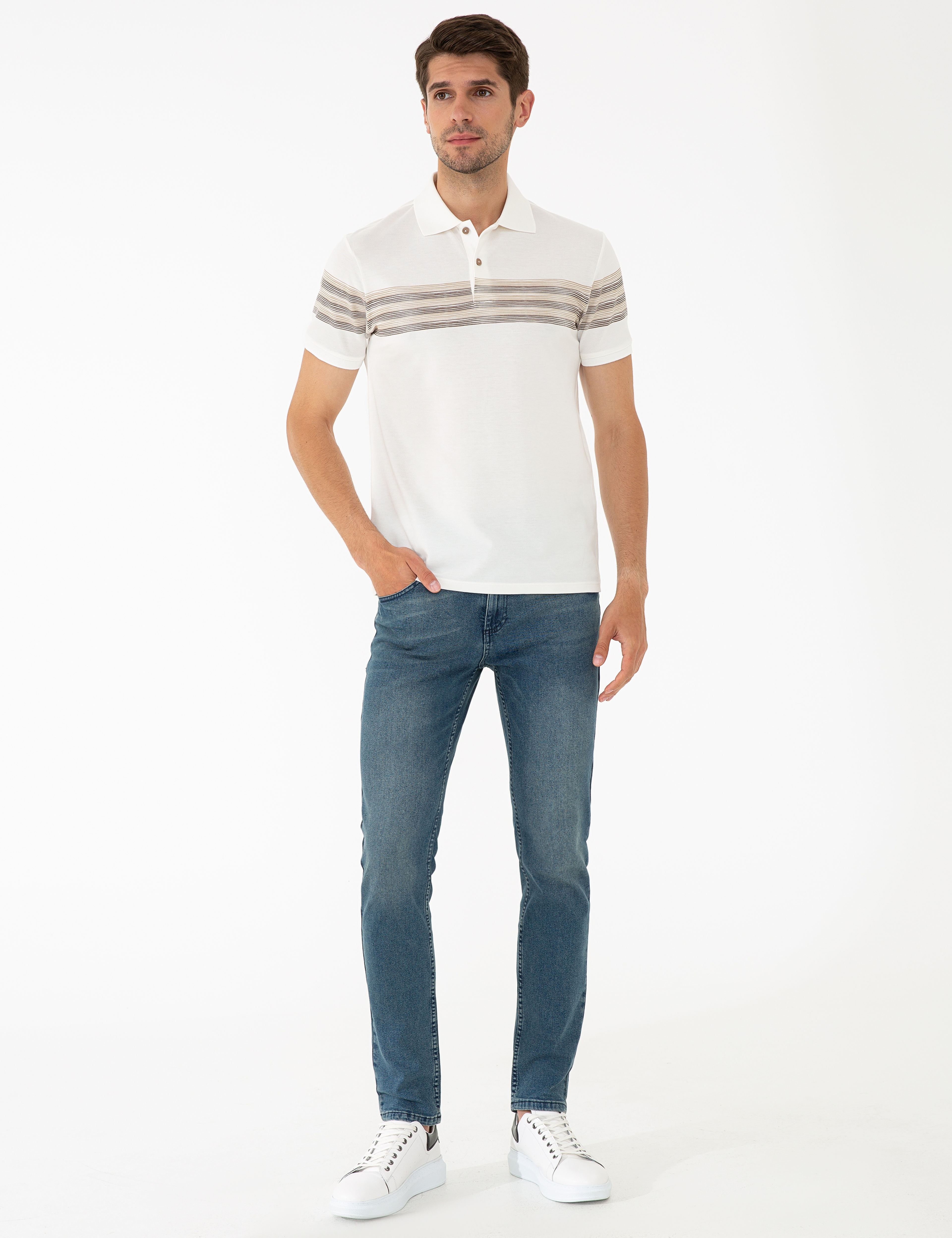 Açık Kahverengi Detaylı Beyaz Slim Fit Polo Yaka T-Shirt - Image 4