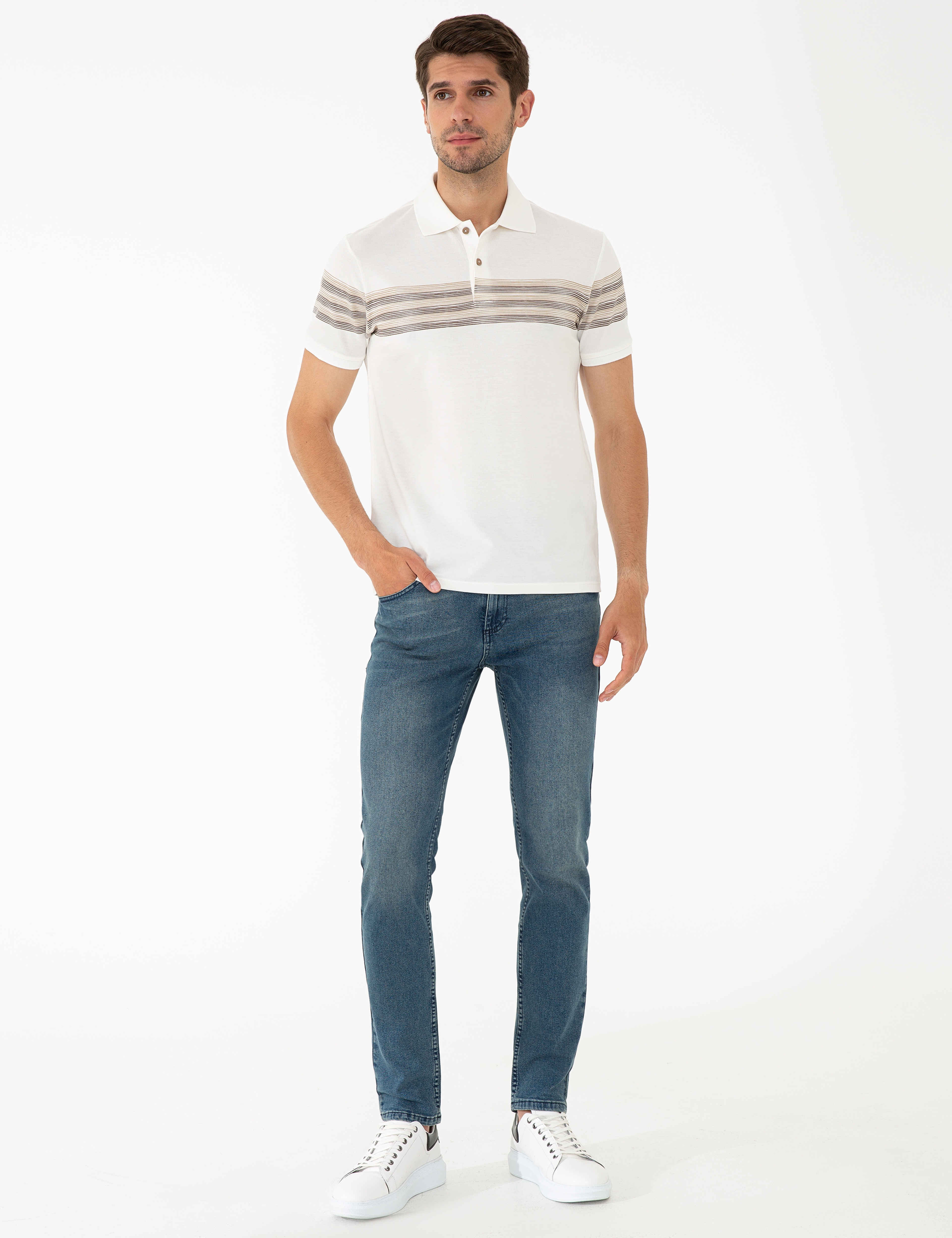 Açık Kahverengi Detaylı Beyaz Slim Fit Polo Yaka T-Shirt