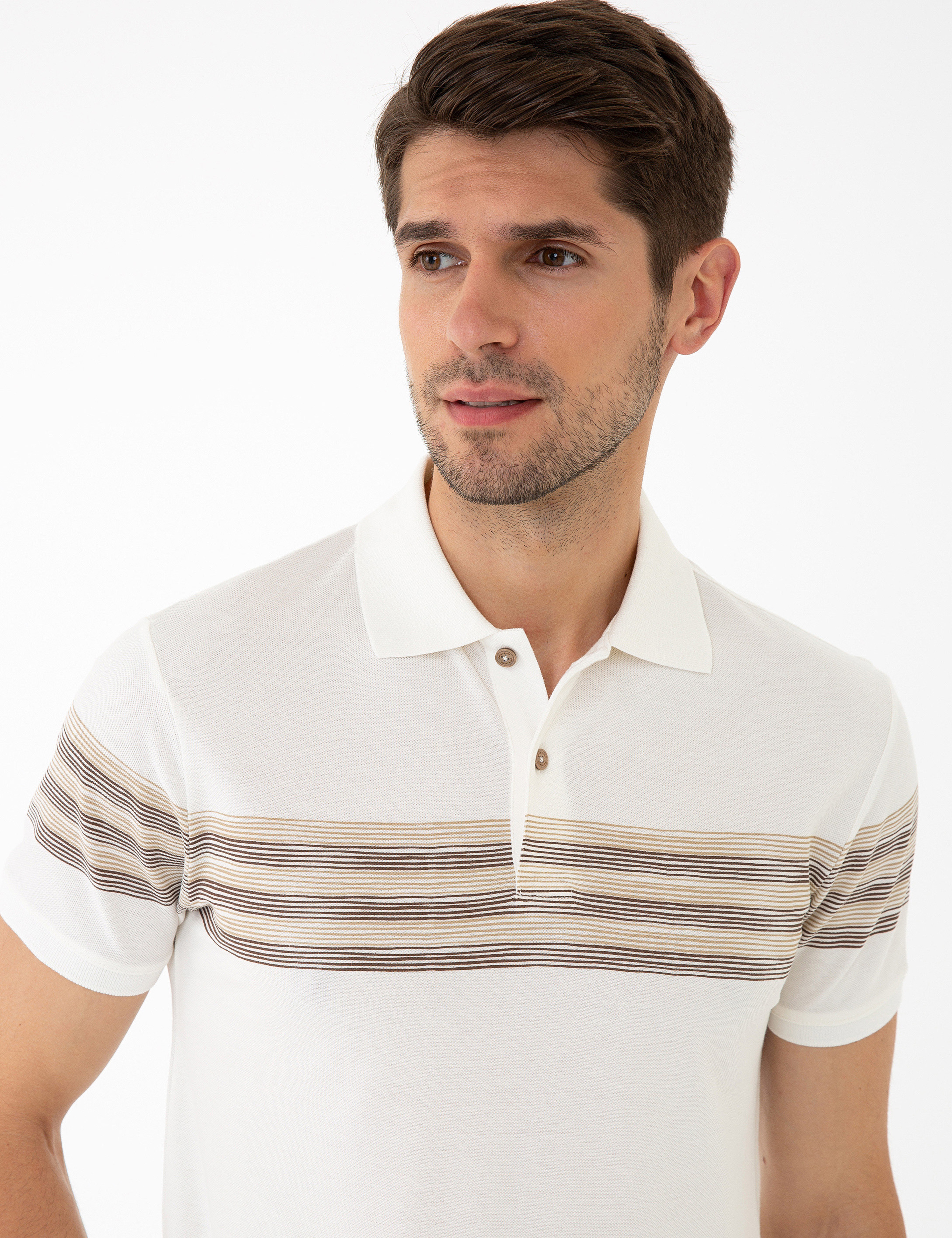Açık Kahverengi Detaylı Beyaz Slim Fit Polo Yaka T-Shirt - Image 2