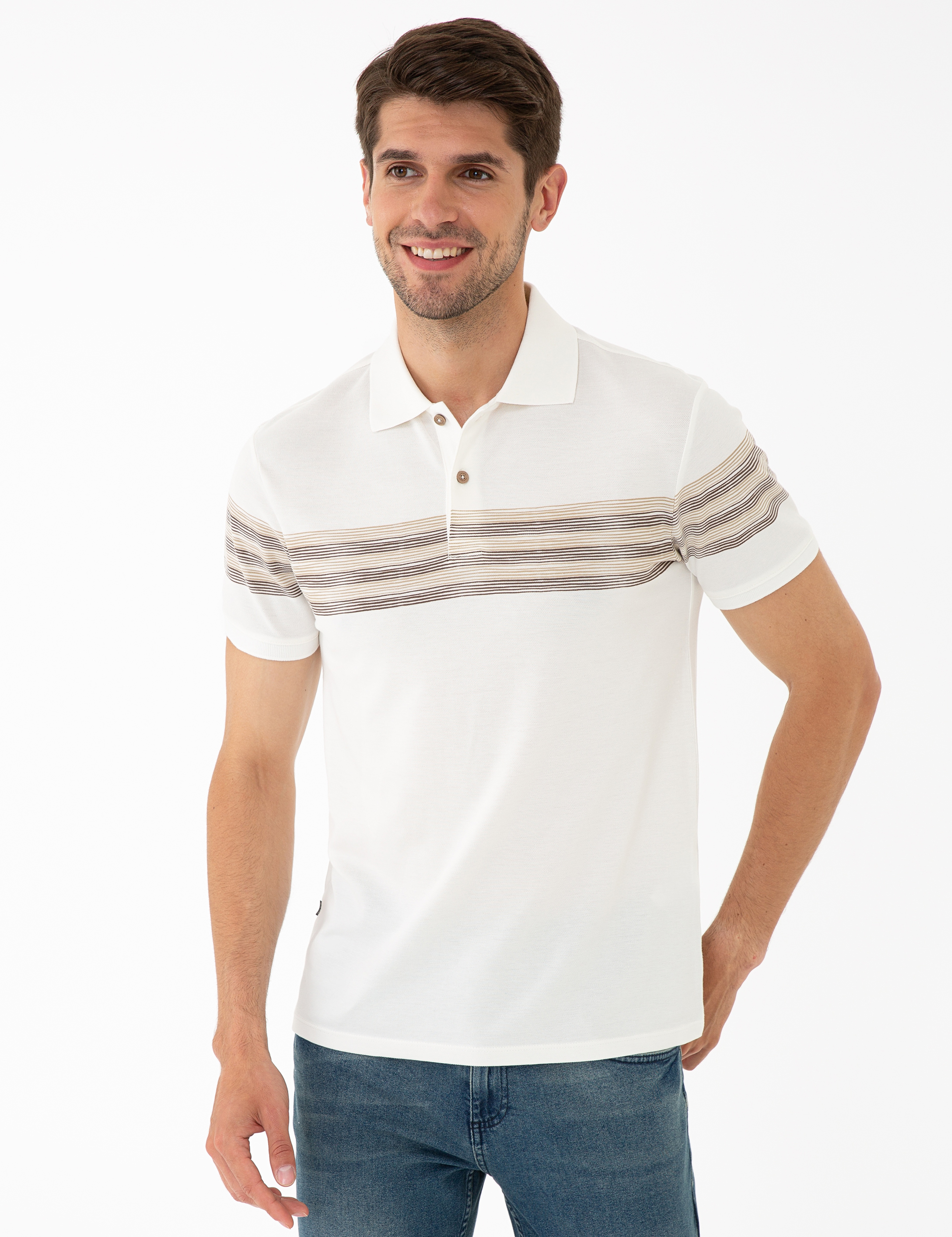 Açık Kahverengi Detaylı Beyaz Slim Fit Polo Yaka T-Shirt - Image 1