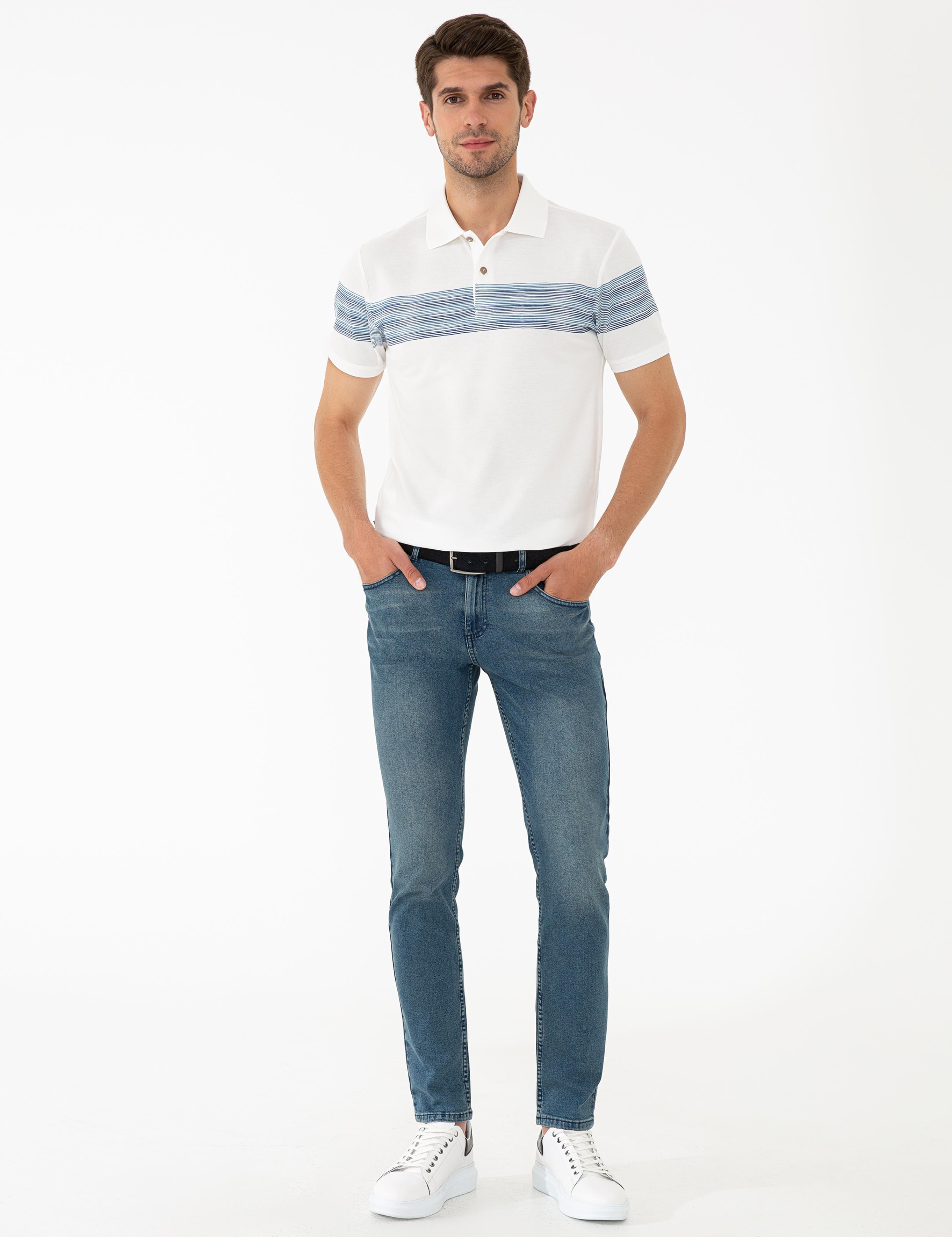Mavi Detaylı Beyaz Slim Fit Polo Yaka T-Shirt