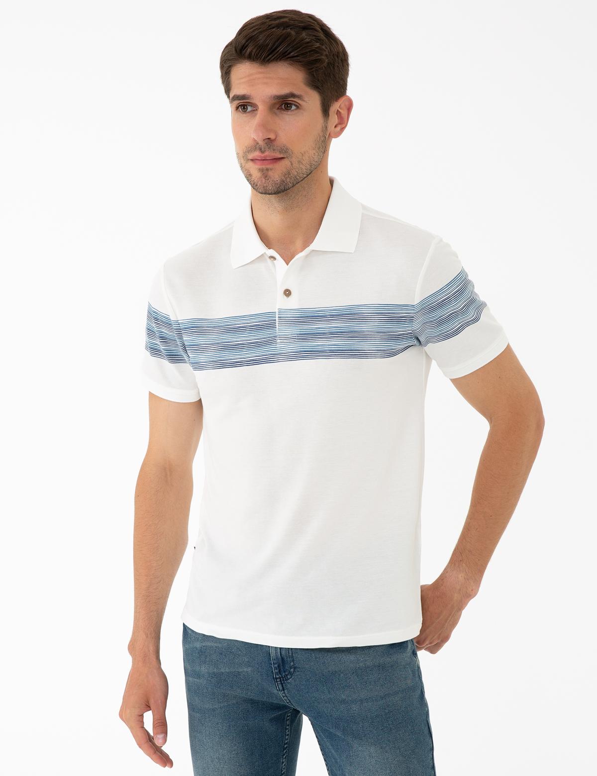 Mavi Detaylı Beyaz Slim Fit Polo Yaka T-Shirt