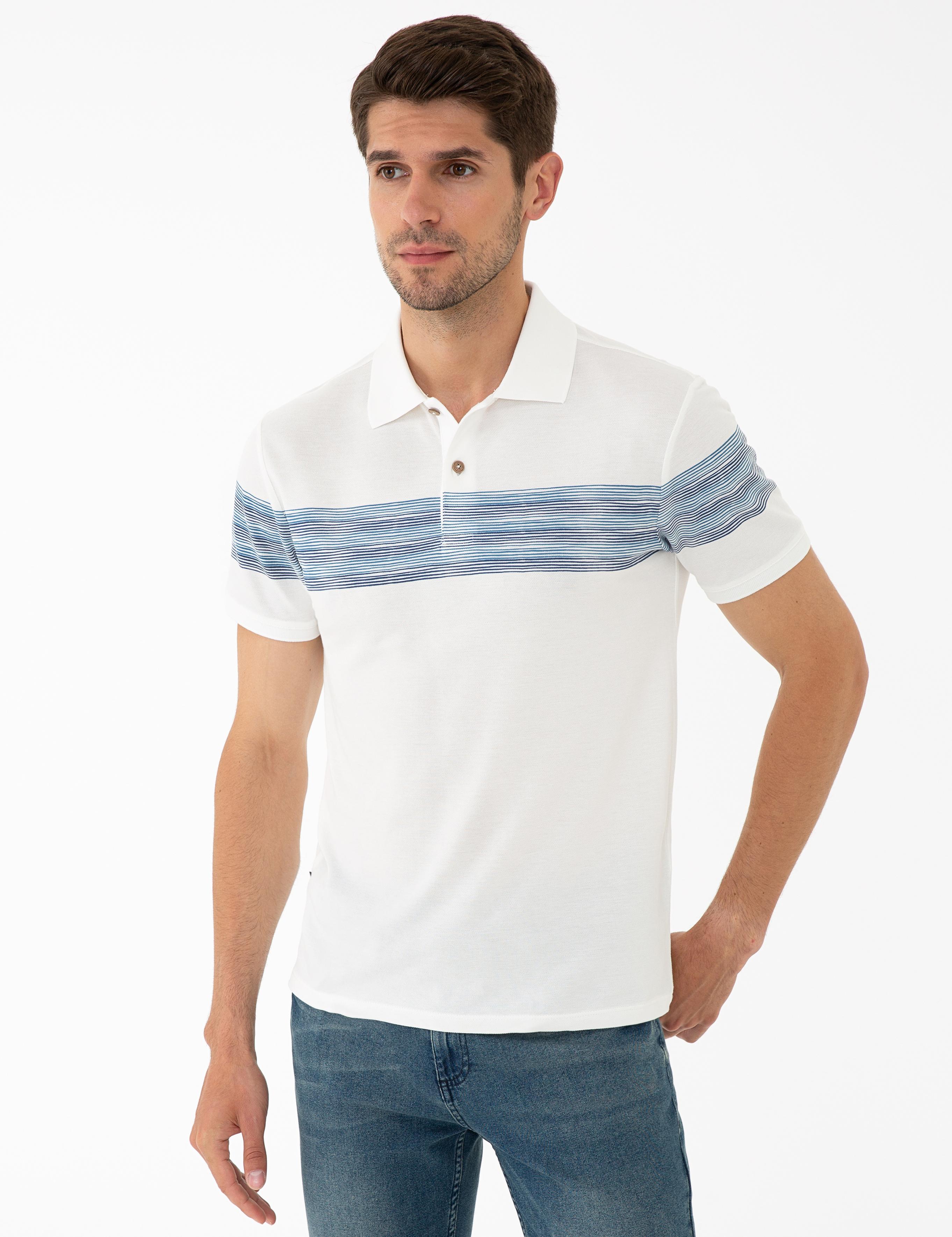 Mavi Detaylı Beyaz Slim Fit Polo Yaka T-Shirt