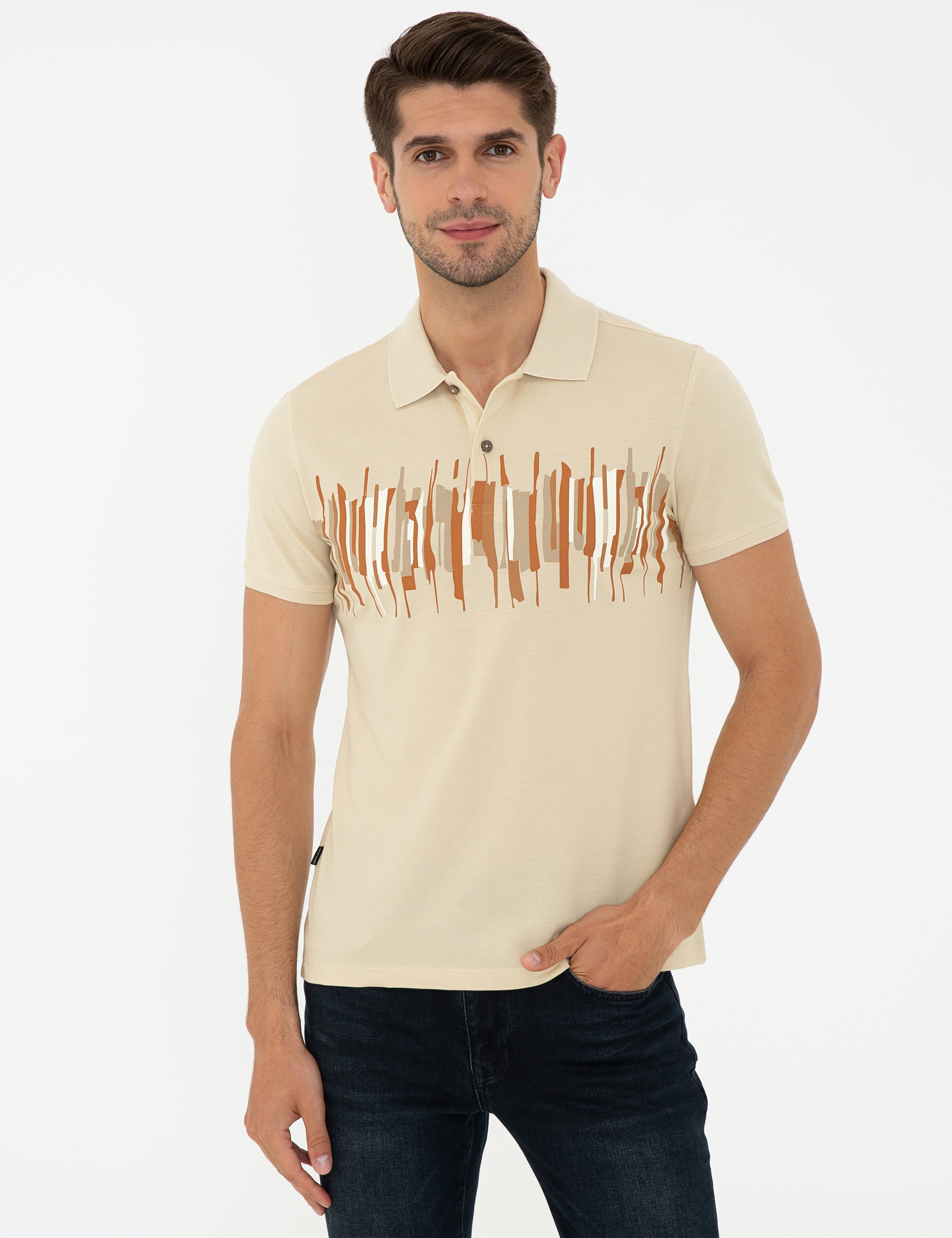 Bej Slim Fit Polo Yaka Tişört - Image 1