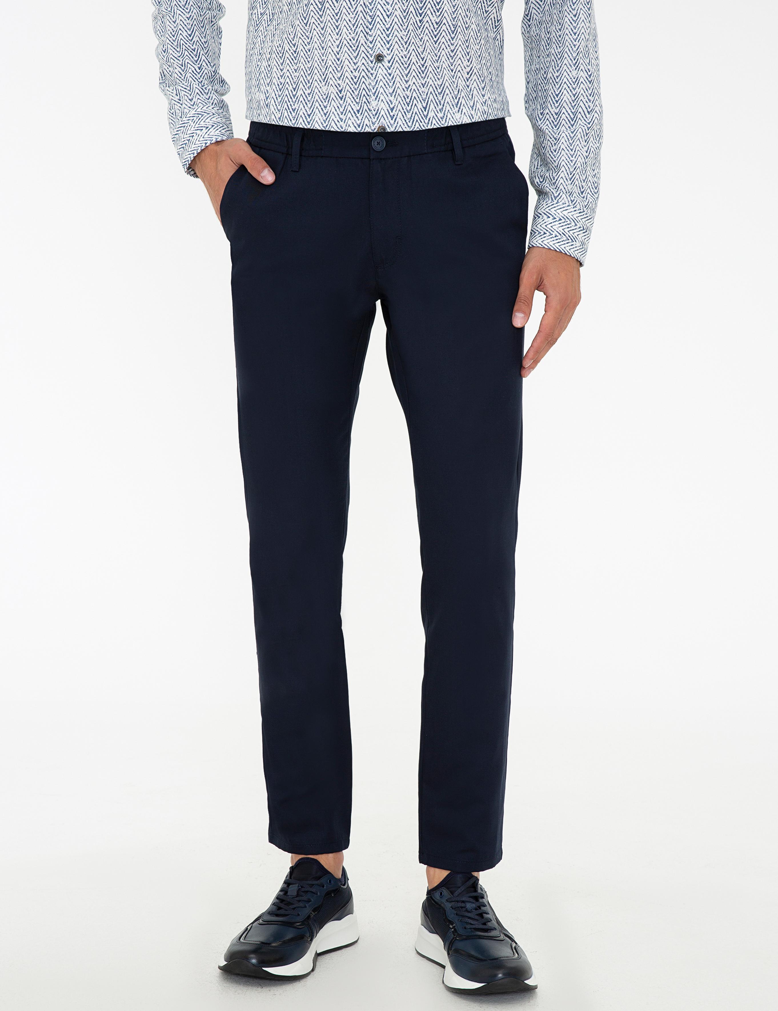 Lacivert Standart Fit Keten Karışımlı Chino Pantolon