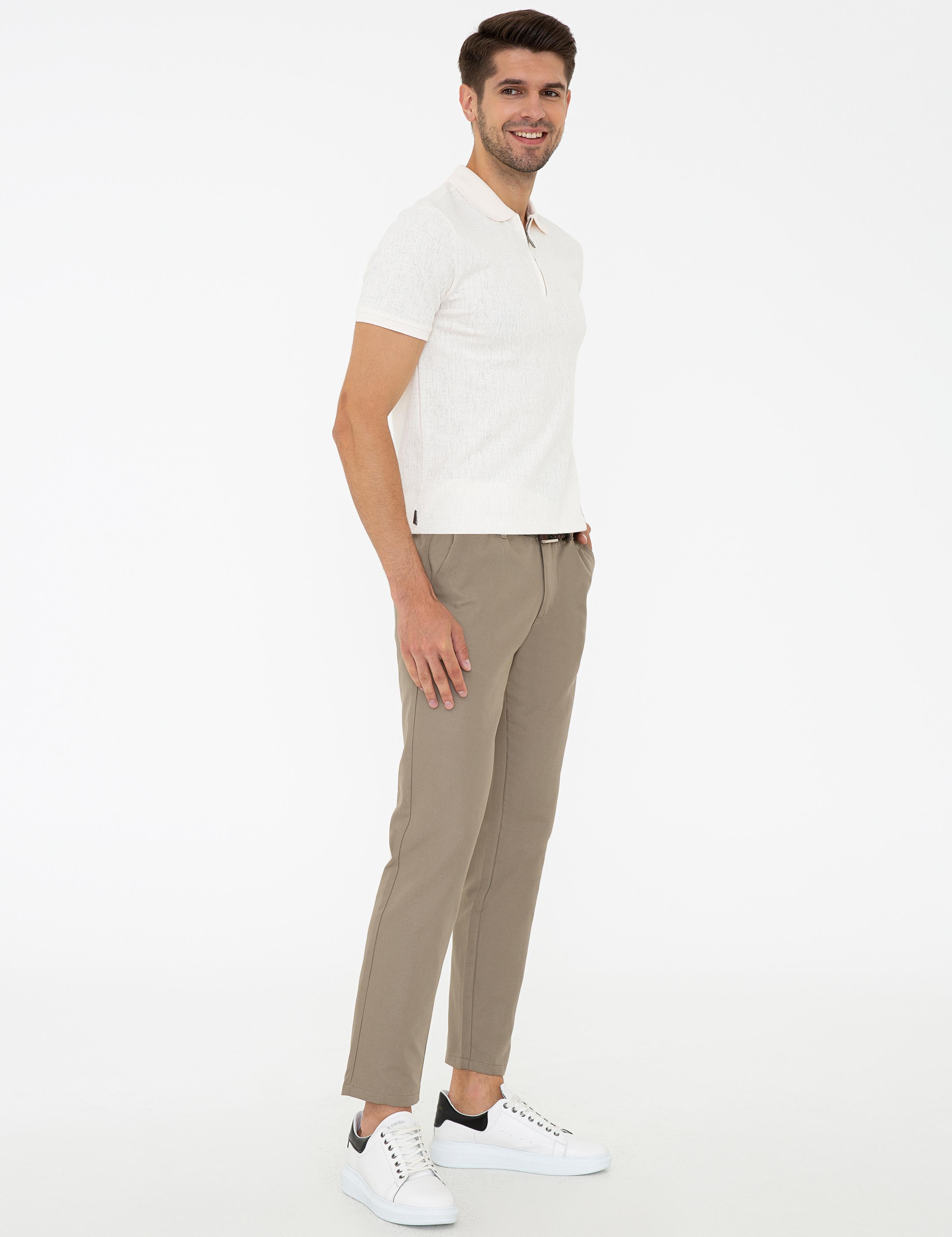 Bej Standart Fit Keten Karışımlı Chino Pantolon