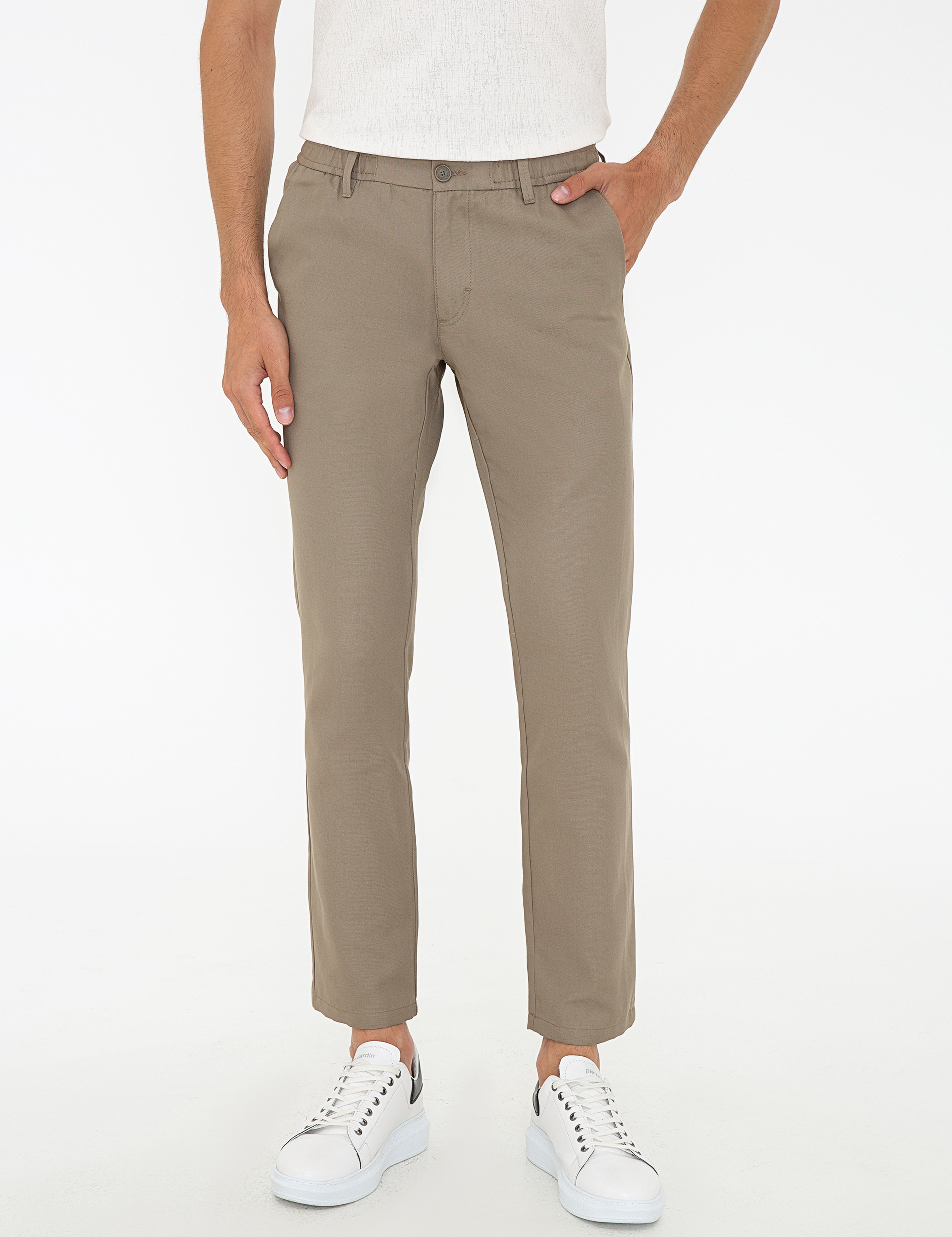Bej Standart Fit Keten Karışımlı Chino Pantolon - Image 2