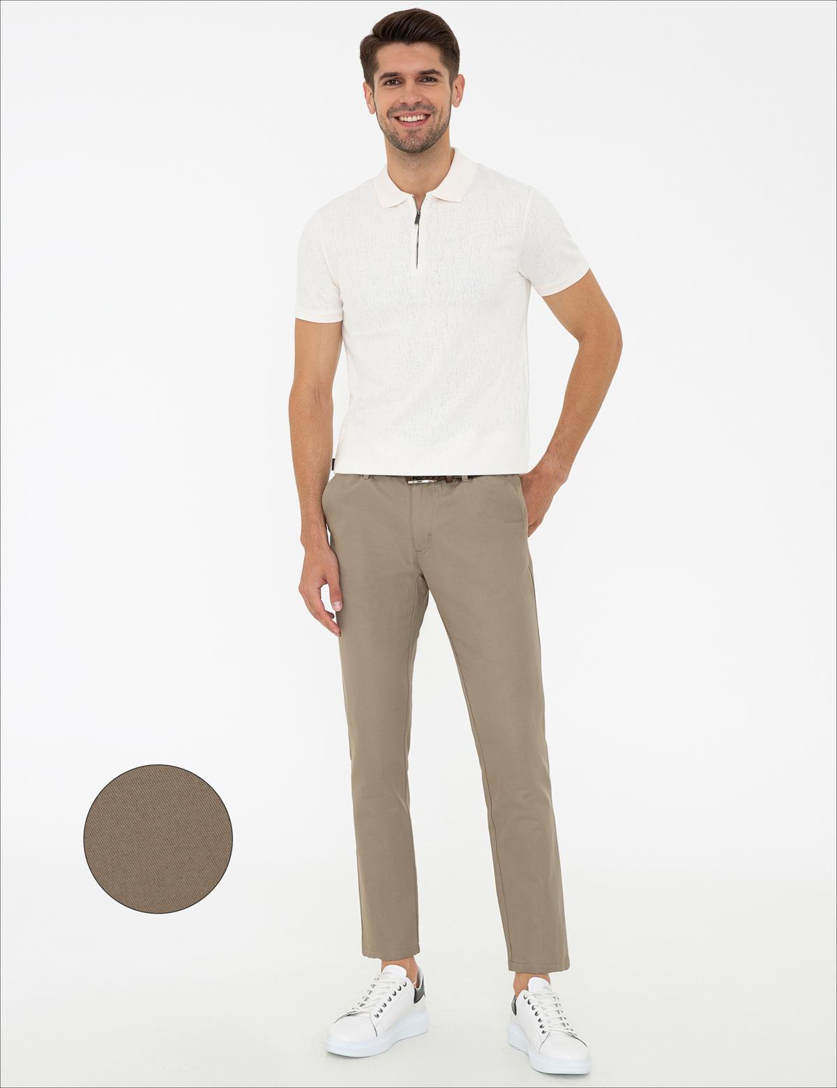 Bej Standart Fit Keten Karışımlı Chino Pantolon