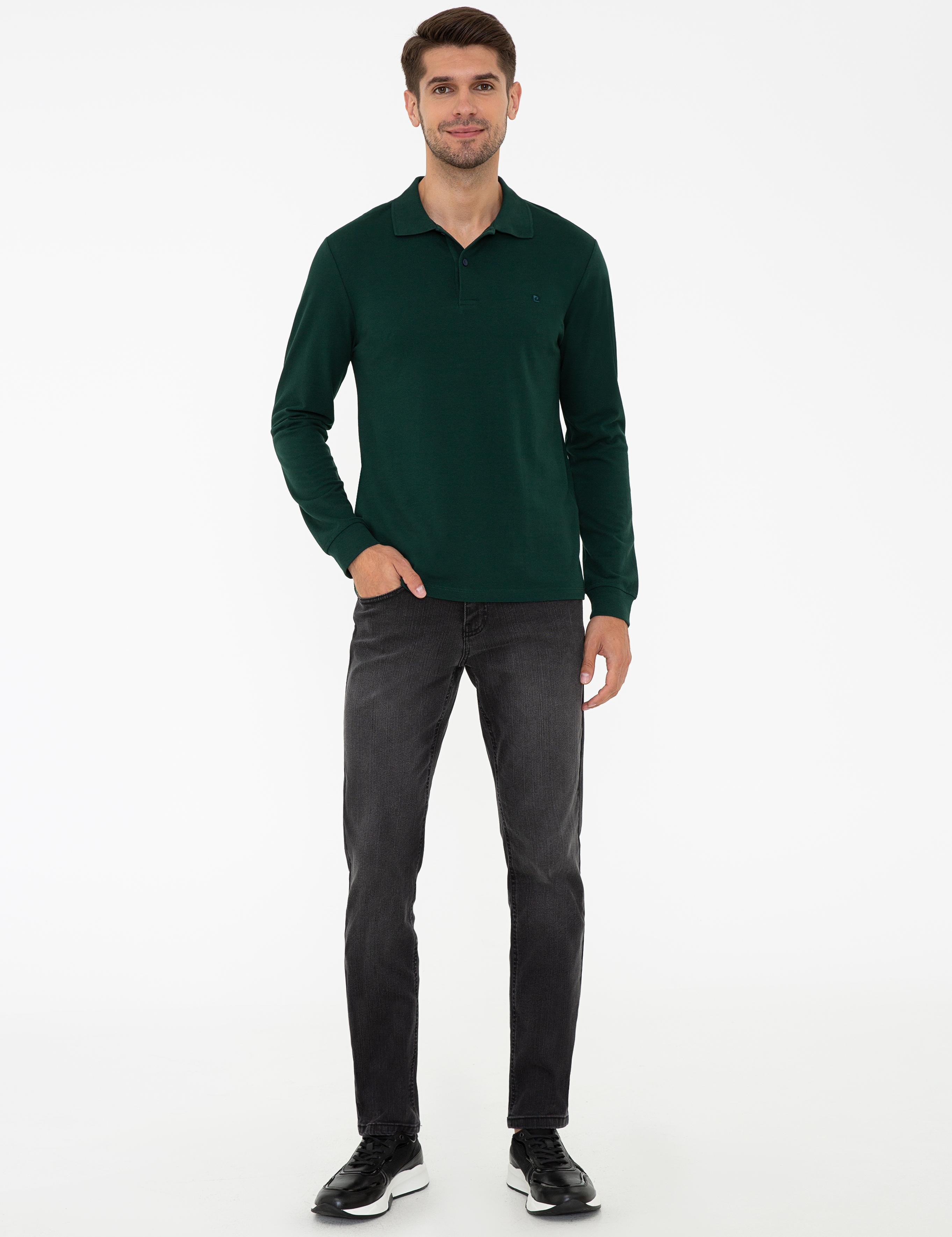 Koyu Yeşil Slim Fit Polo Yaka Sweatshirt
