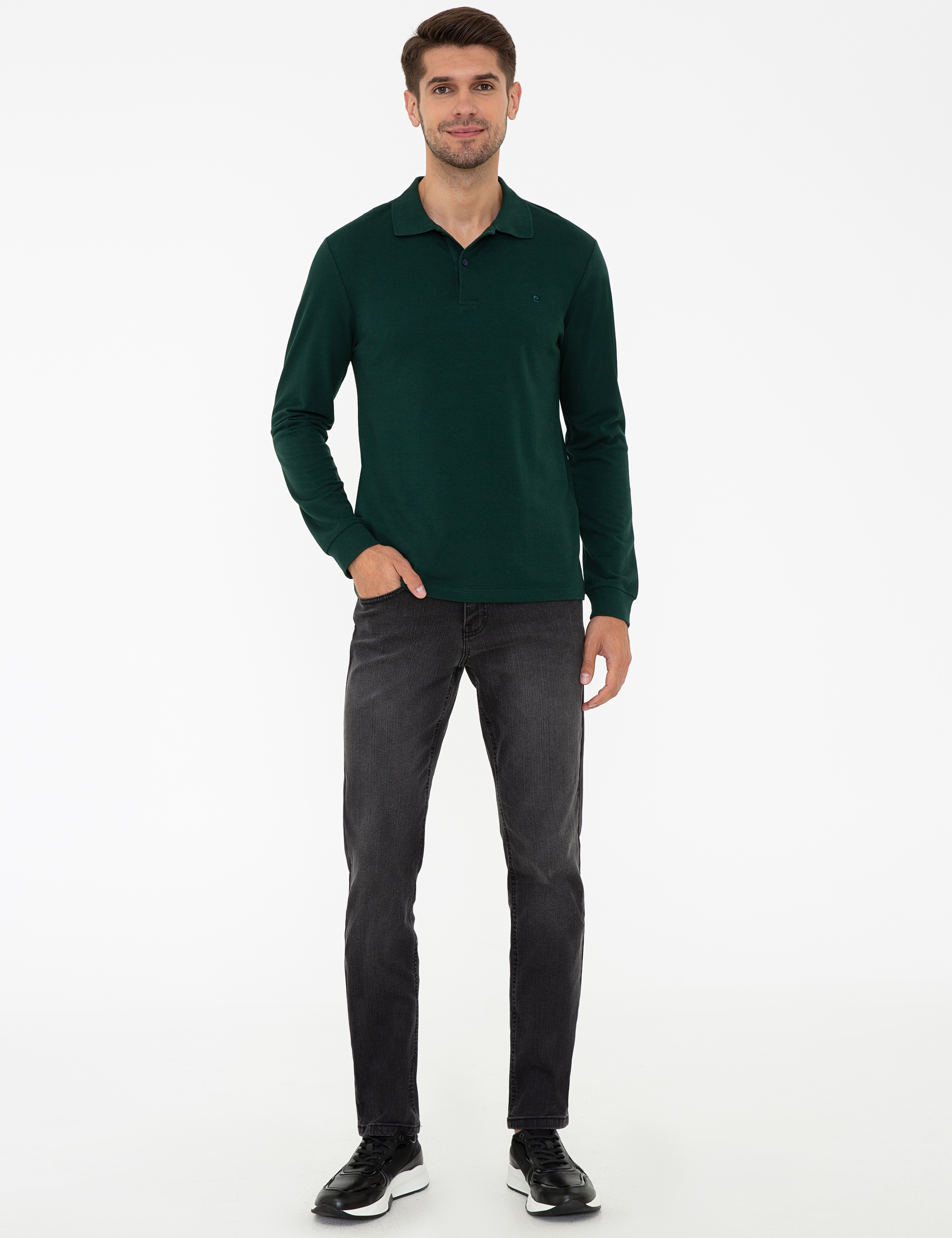 Koyu Yeşil Slim Fit Polo Yaka Sweatshirt - Image 4