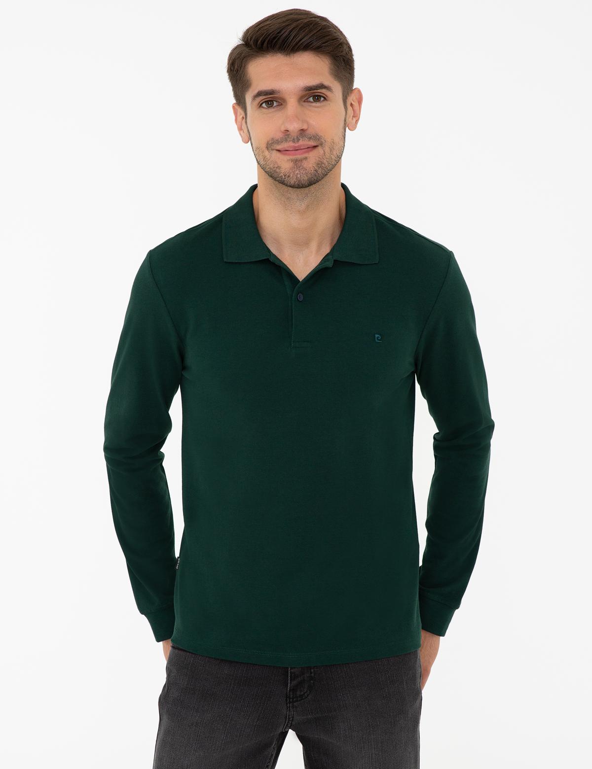 Koyu Yeşil Slim Fit Polo Yaka Sweatshirt