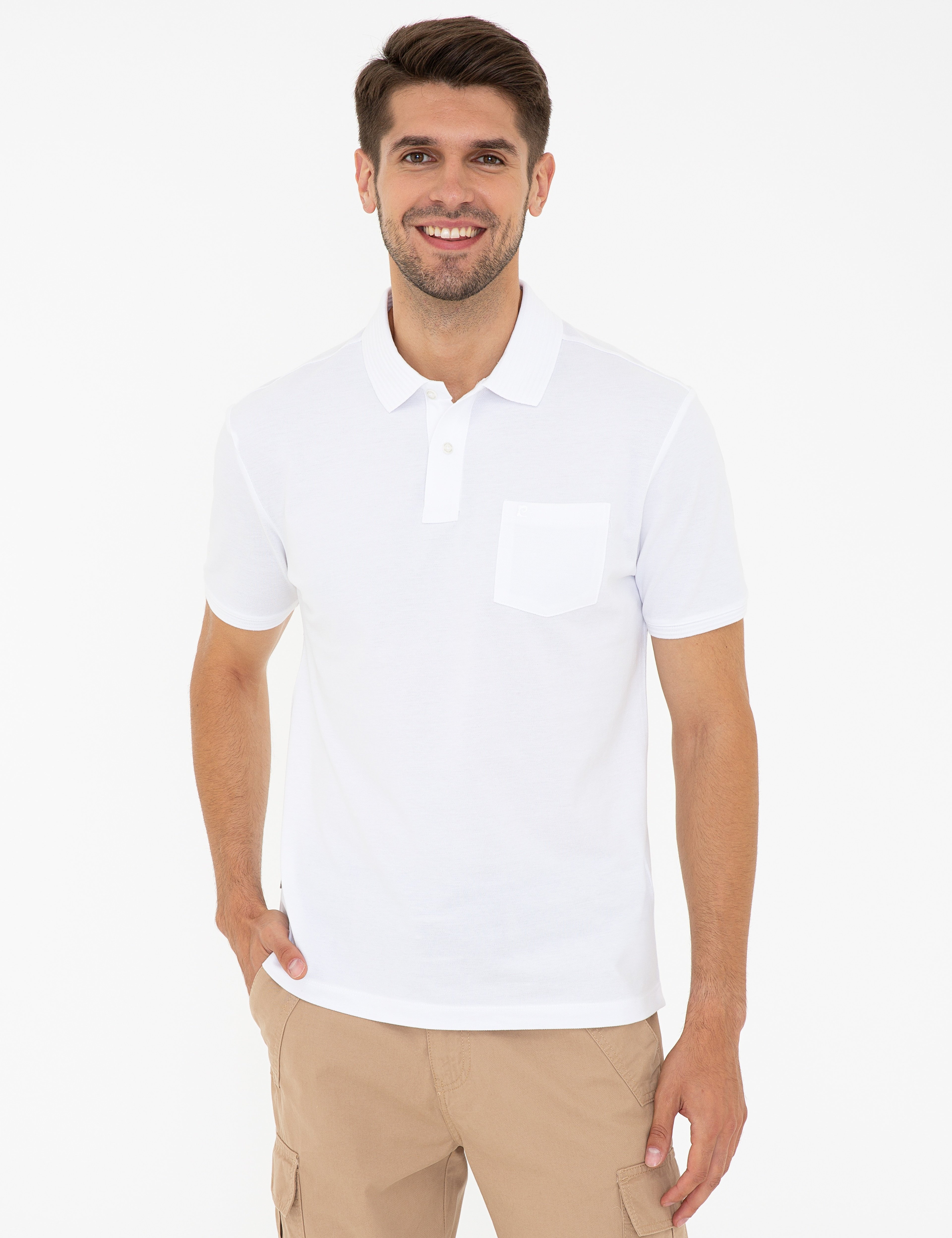 Beyaz Regular Fit %100 Pamuk Düğmeli Polo Yaka Basic Tişört