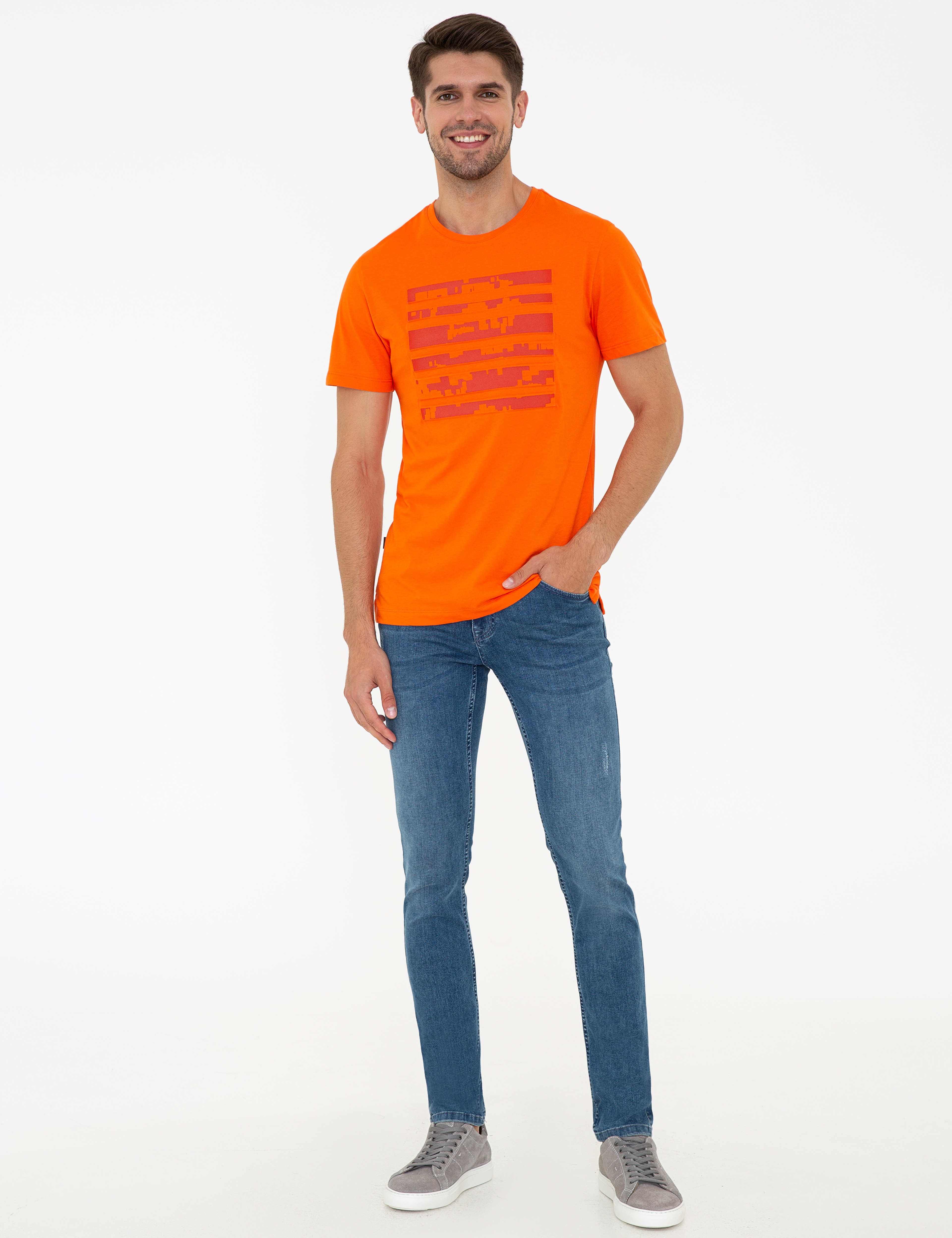 Turuncu Slim Fit Bisiklet Yaka Tişört - Image 4