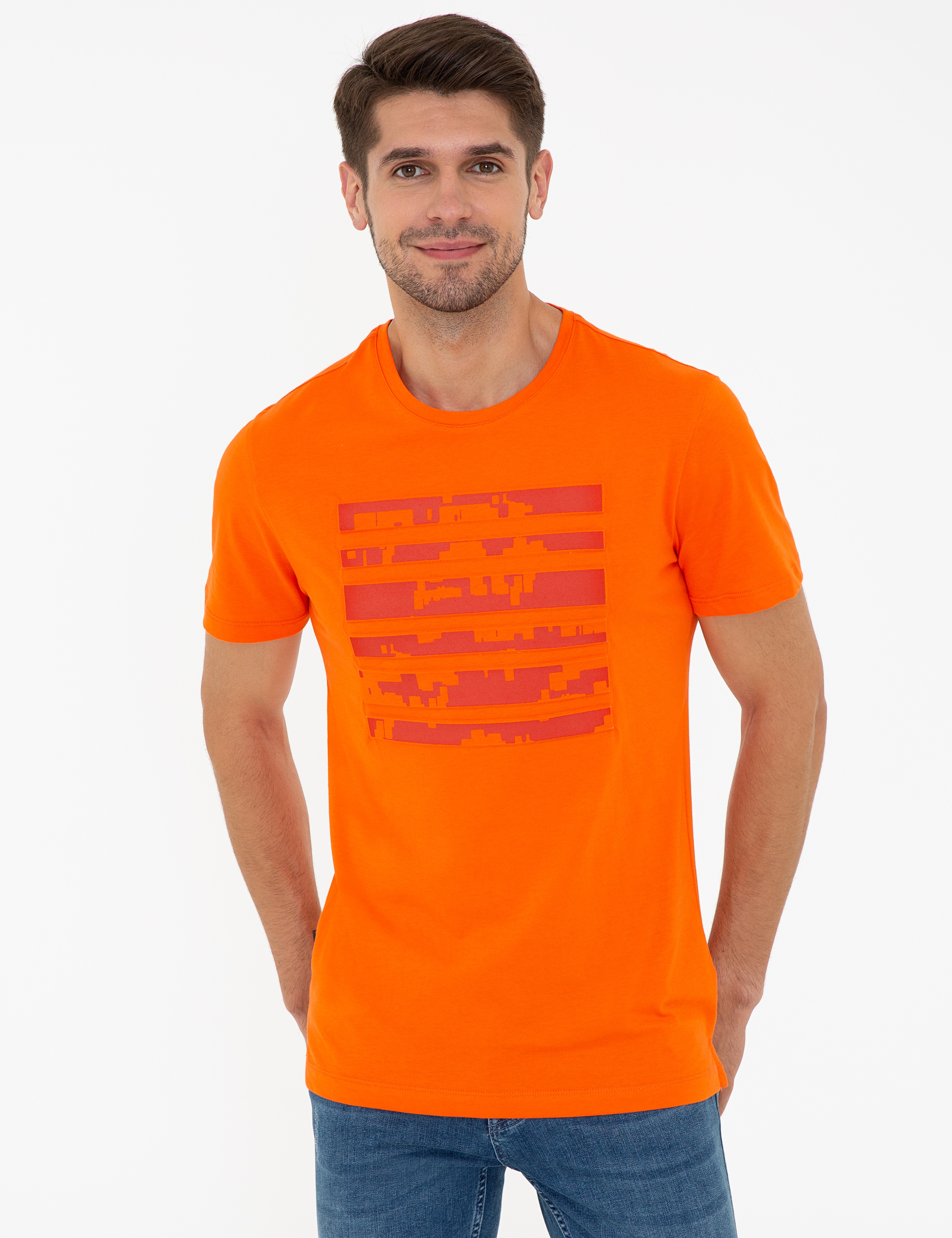 Turuncu Slim Fit Bisiklet Yaka Tişört - Image 1