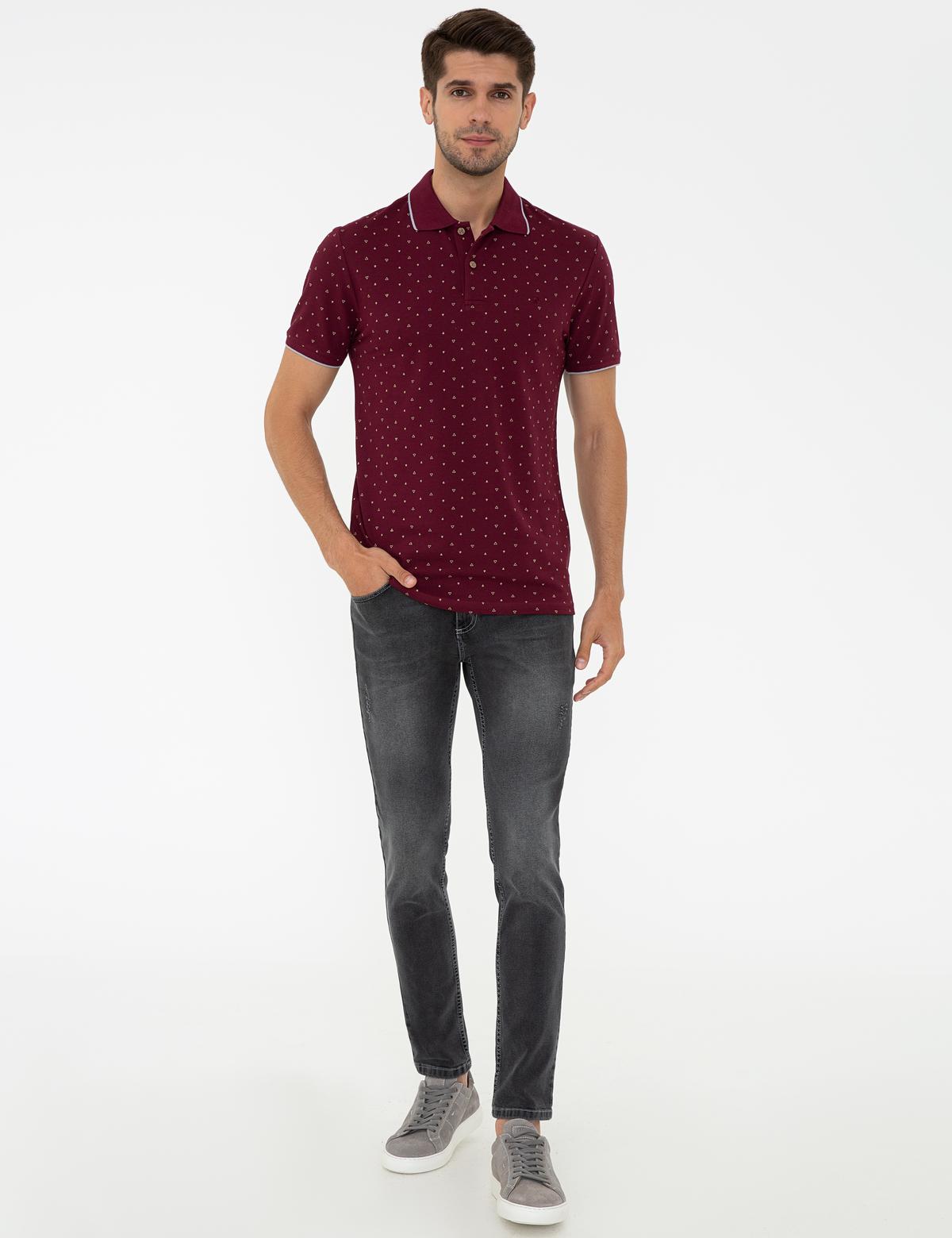 Bordo Slim Fit Baskılı Polo Yaka Tişört - 50242146010