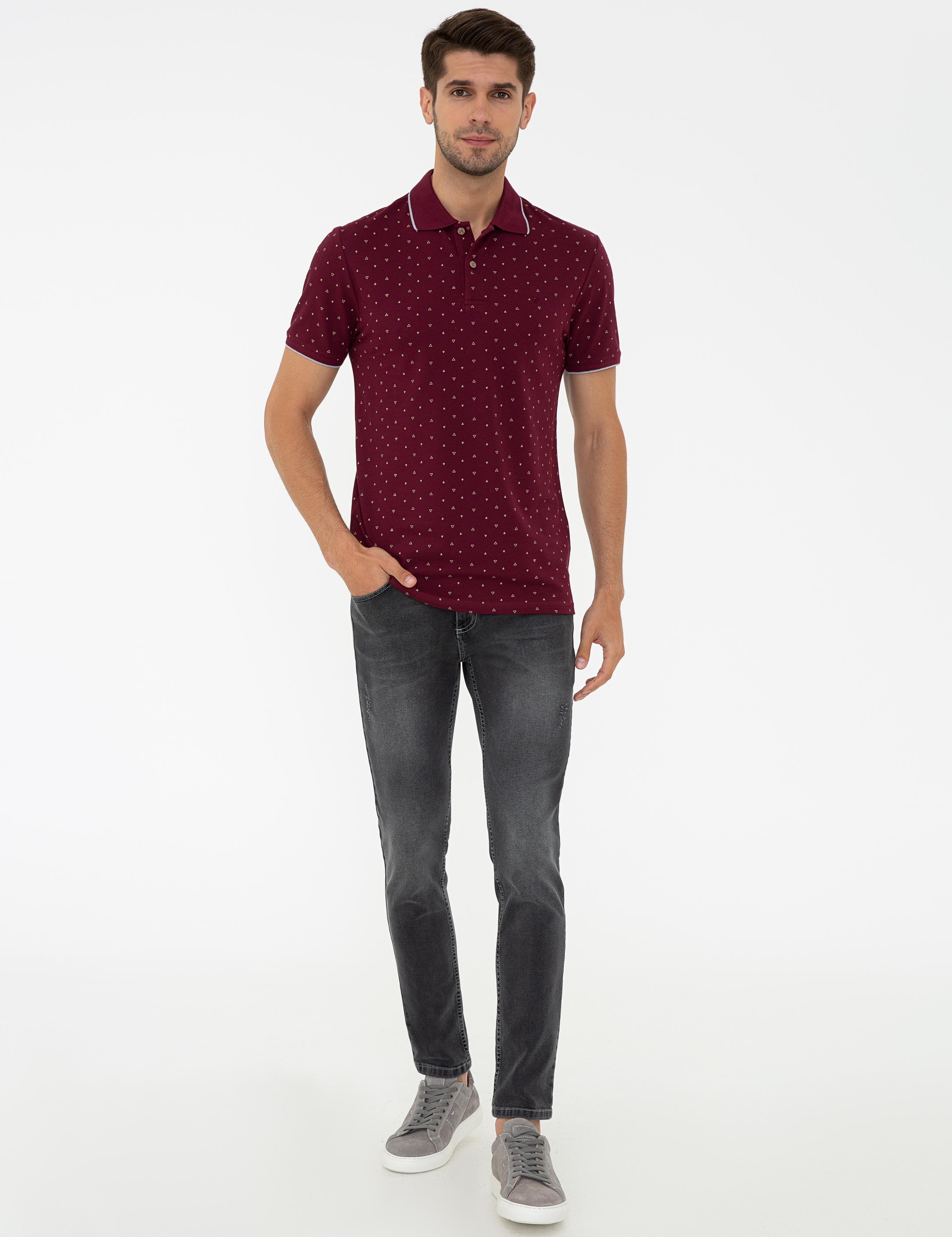Bordo Slim Fit Baskılı Polo Yaka Tişört