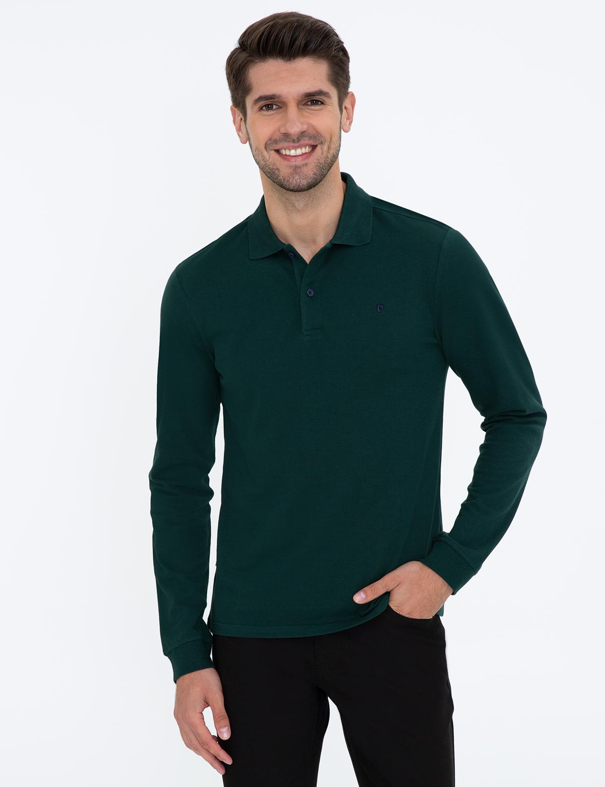 Koyu Yeşil Slim Fit Polo Yaka Sweatshirt