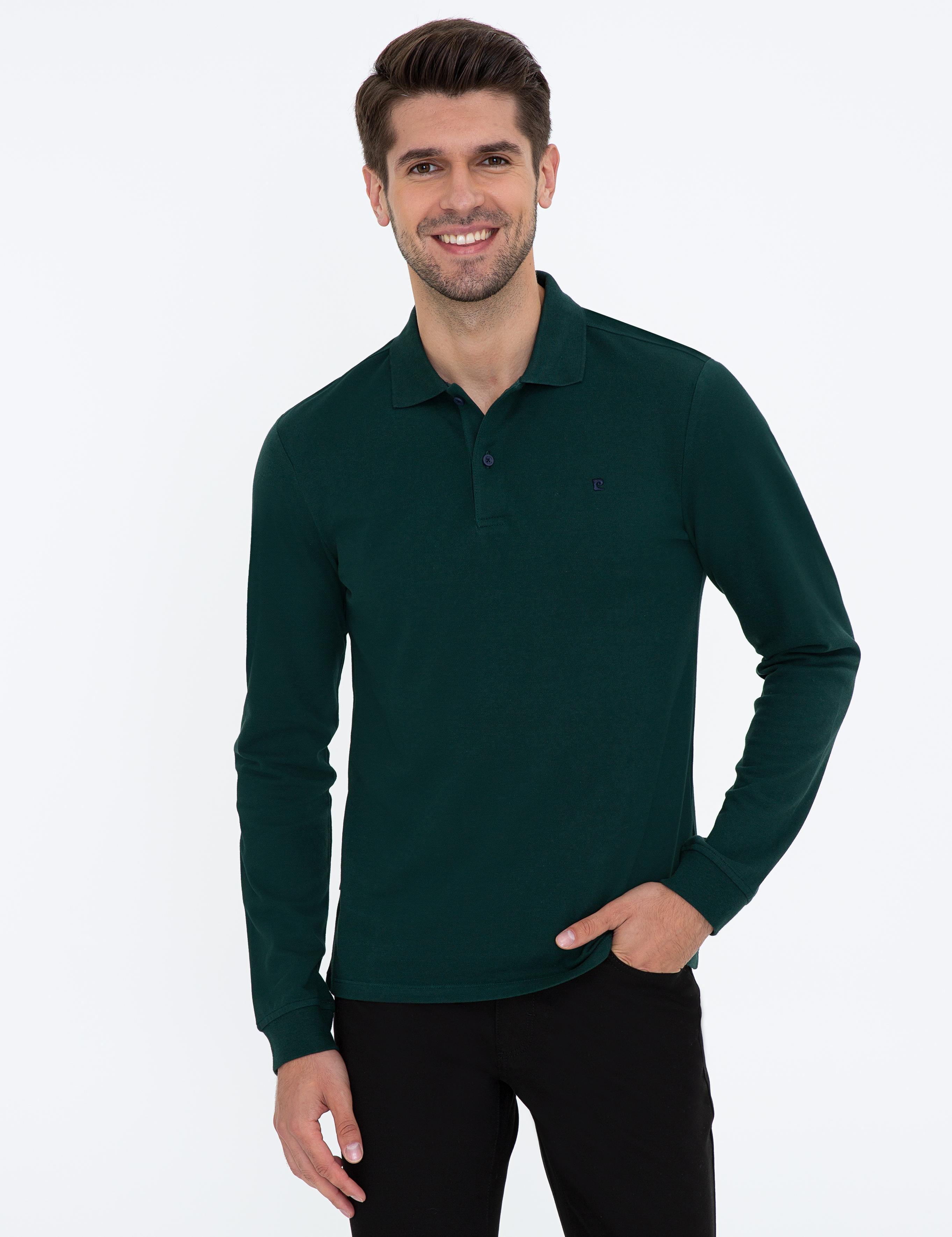 Koyu Yeşil Slim Fit Polo Yaka Sweatshirt