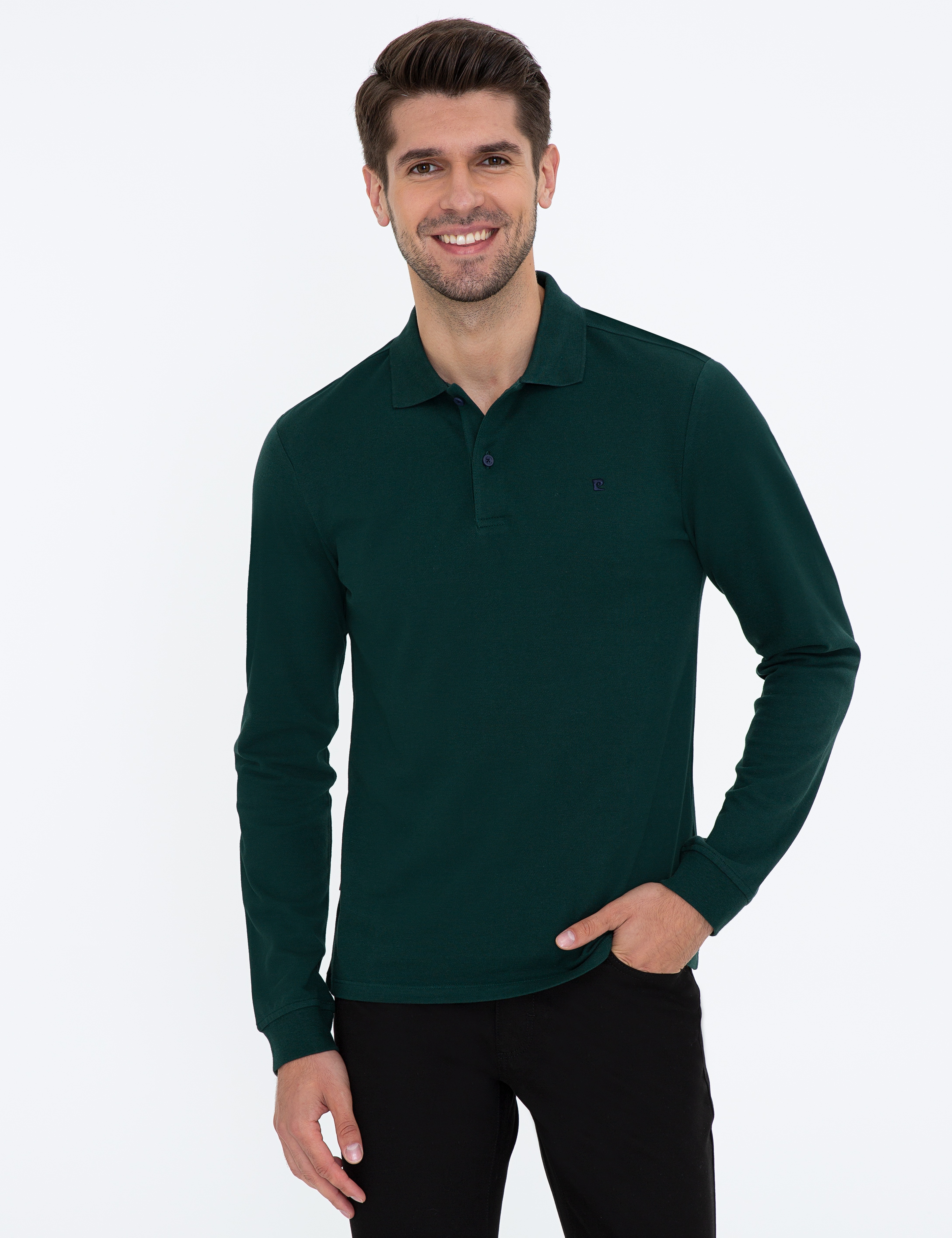 Koyu Yeşil Slim Fit Polo Yaka Sweatshirt - Image 1