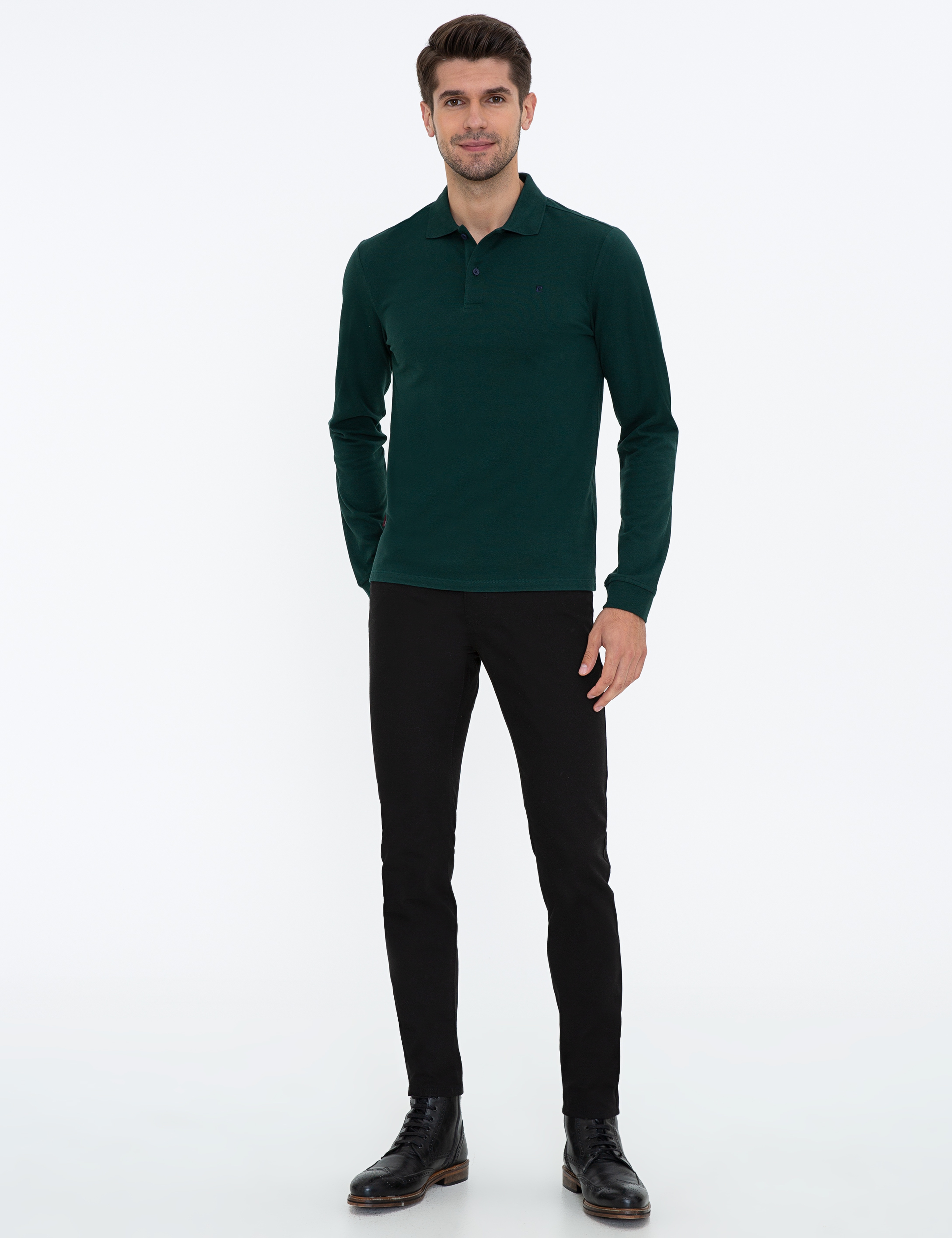Koyu Yeşil Slim Fit Polo Yaka Sweatshirt - Image 5