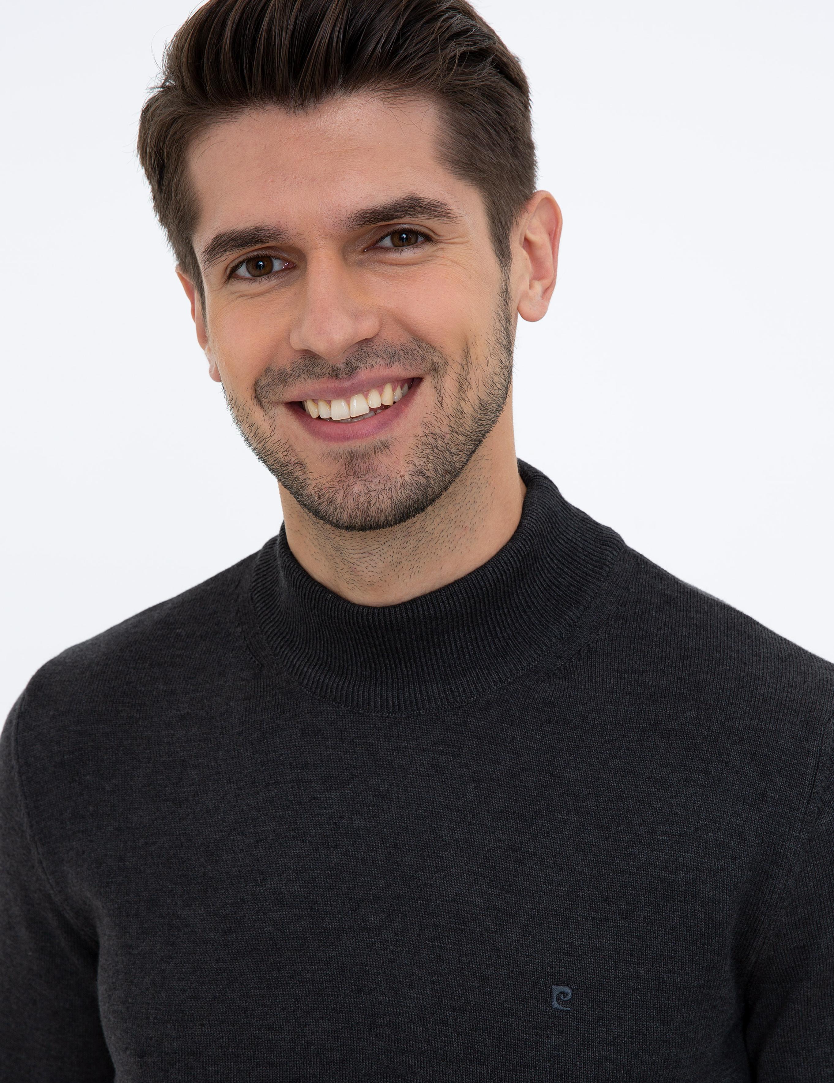 Antrasit Melanj Slim Fit Yarım Balıkçı Yaka Basic Triko Kazak