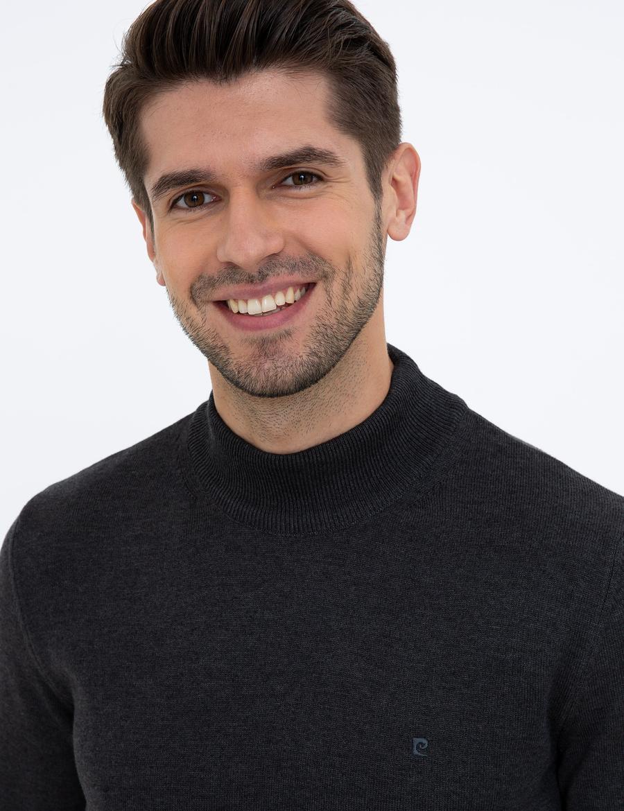 Antrasit Melanj Slim Fit Yarım Balıkçı Yaka Basic Triko Kazak