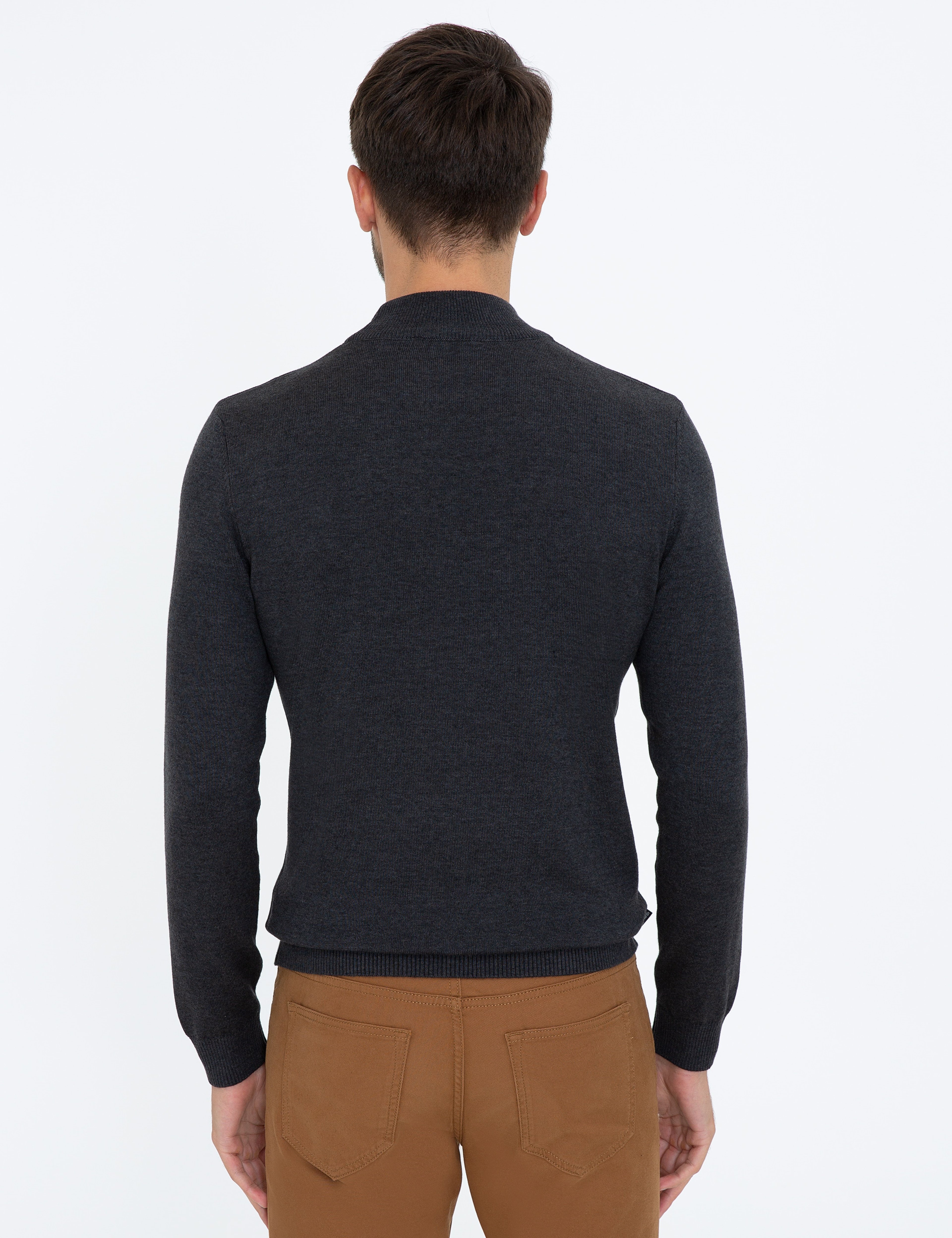 Antrasit Melanj Slim Fit Yarım Balıkçı Yaka Basic Triko Kazak