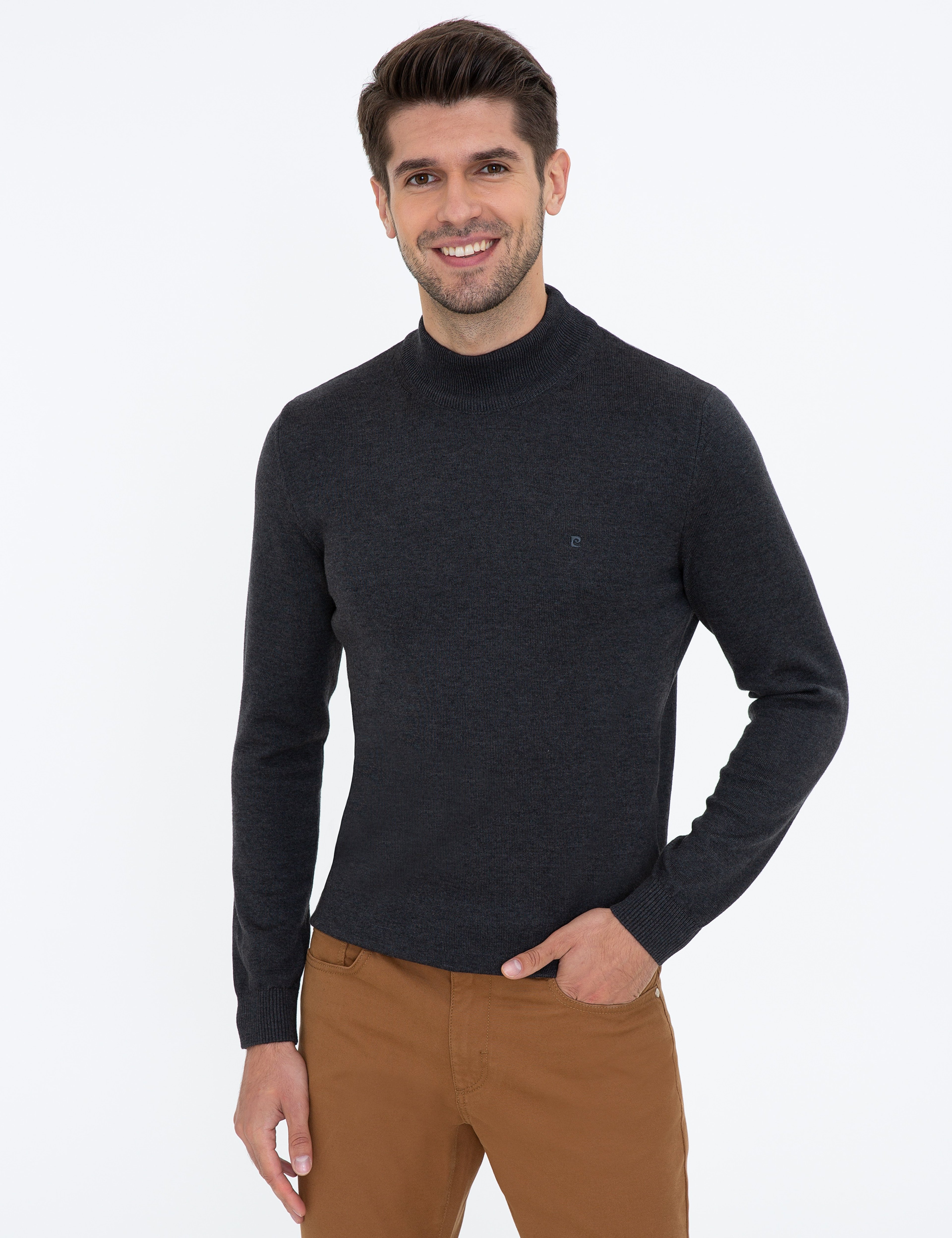 Antrasit Melanj Slim Fit Yarım Balıkçı Yaka Basic Triko Kazak - Image 1