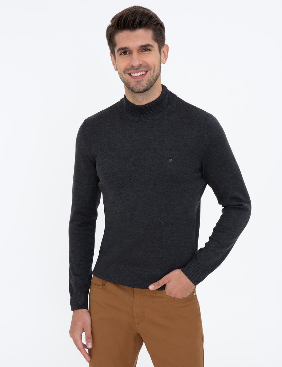 Antrasit Melanj Slim Fit Yarım Balıkçı Yaka Basic Triko Kazak