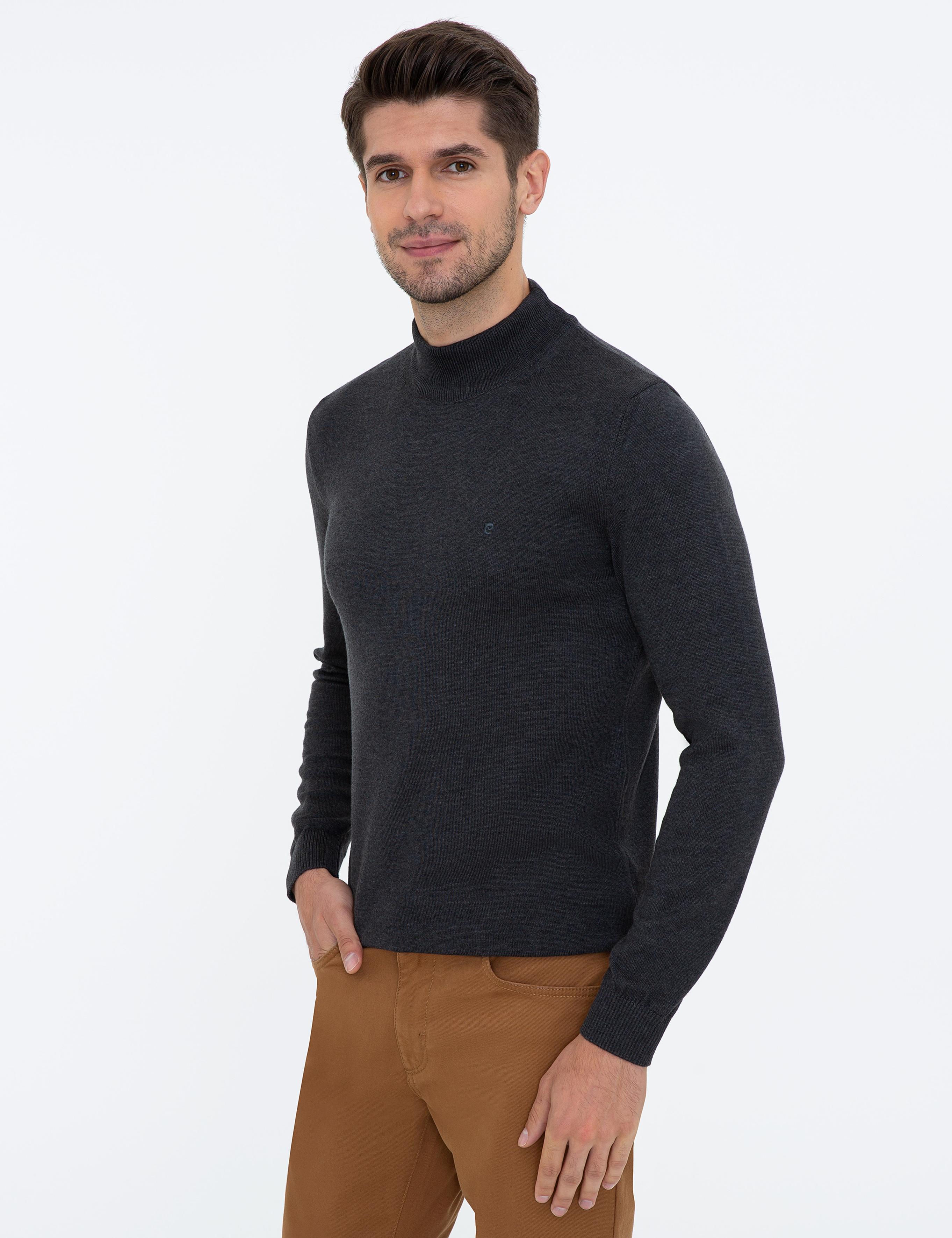 Antrasit Melanj Slim Fit Yarım Balıkçı Yaka Basic Triko Kazak