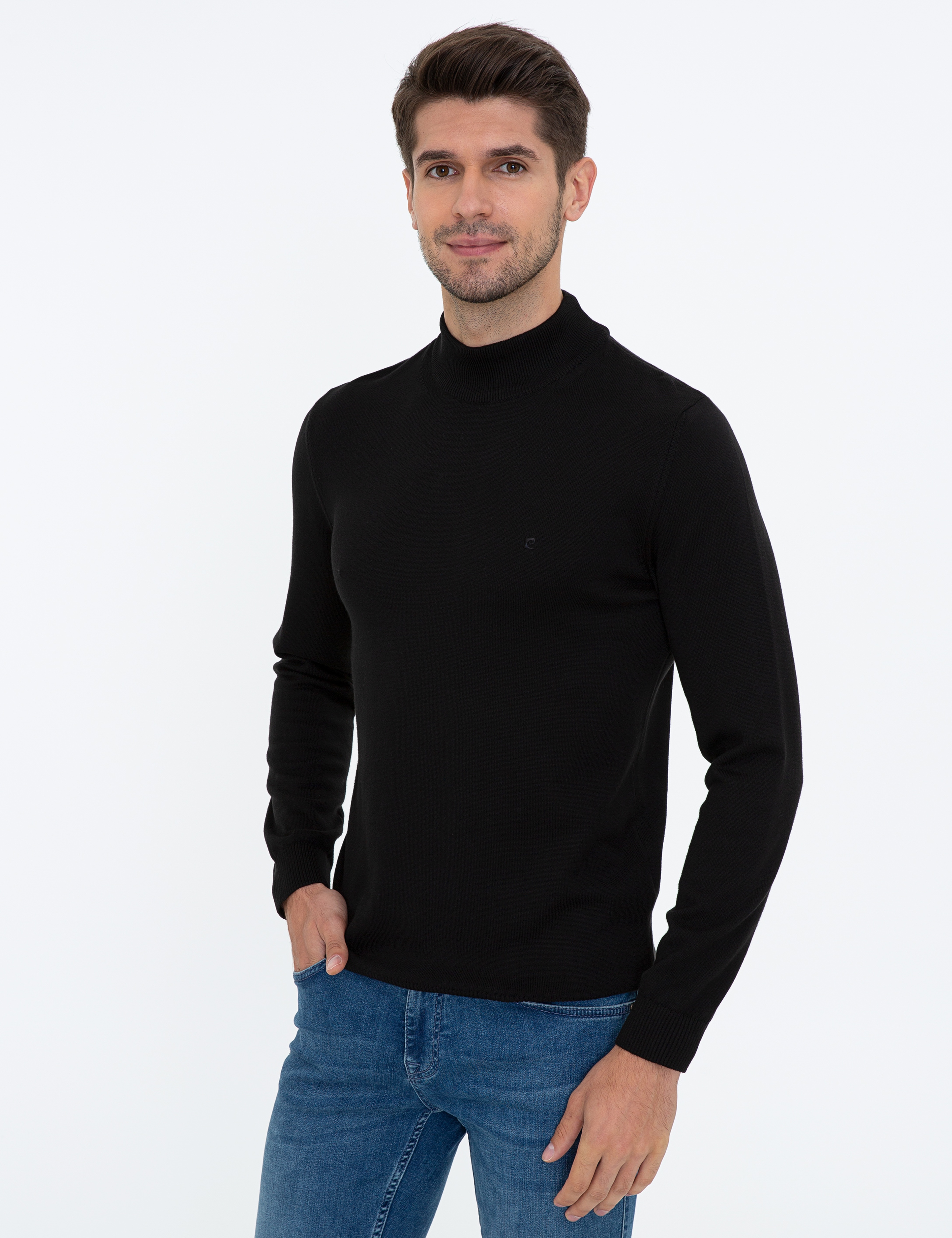 Siyah Slim Fit Yarım Balıkçı Yaka Basic Triko Kazak