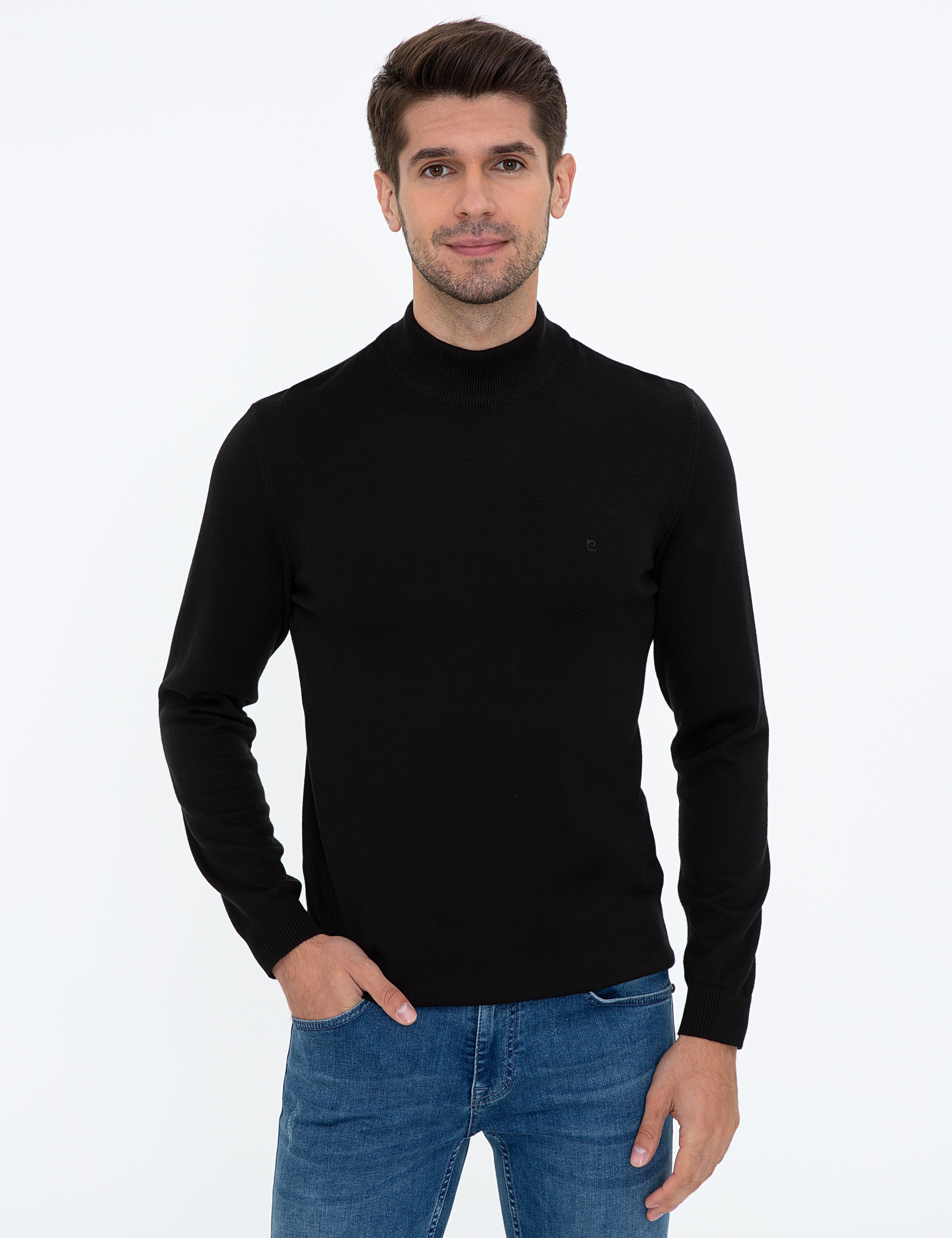 Siyah Slim Fit Yarım Balıkçı Yaka Basic Triko Kazak - Image 1