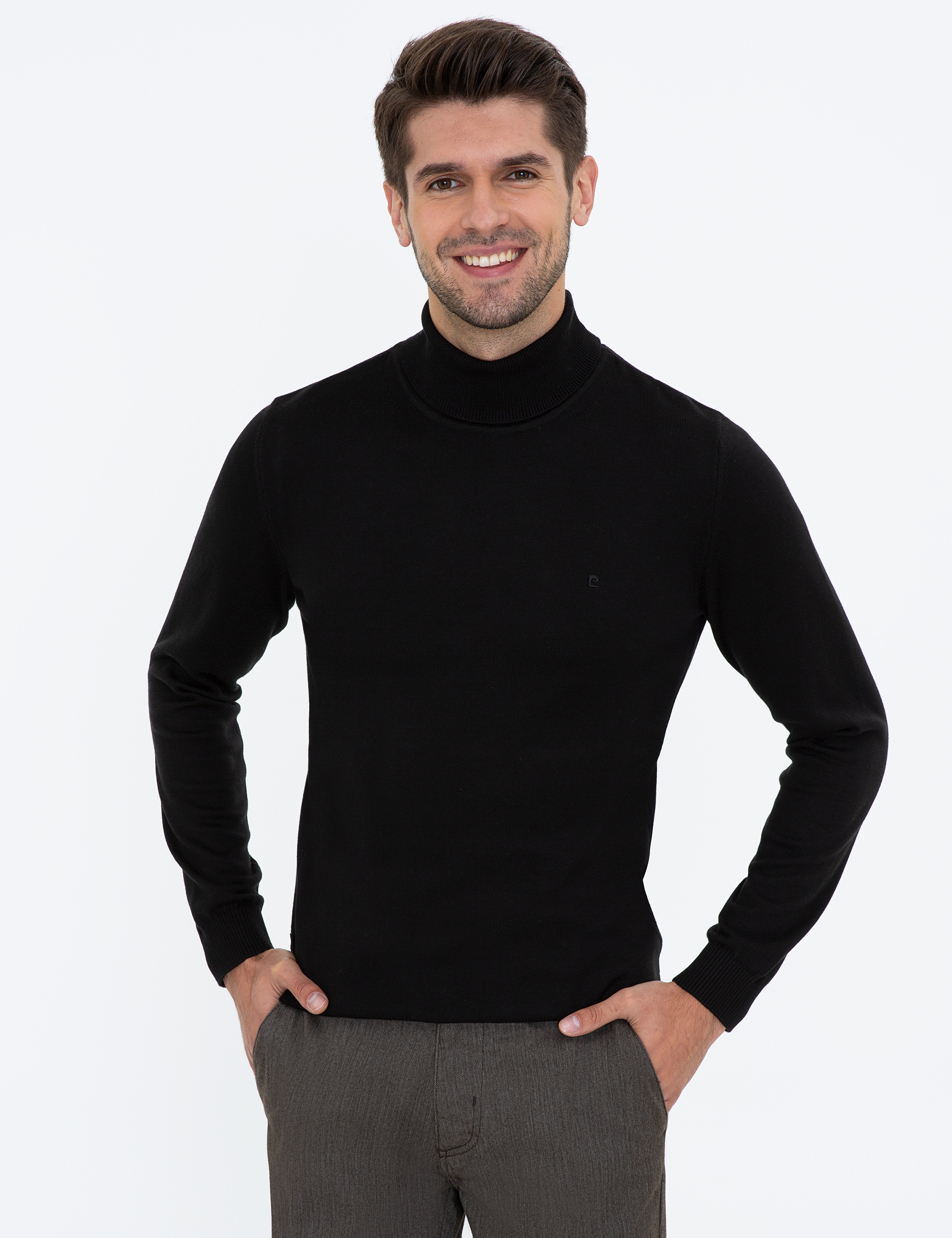 Siyah Slim Fit Balıkçı Yaka Basic Triko Kazak - Image 1