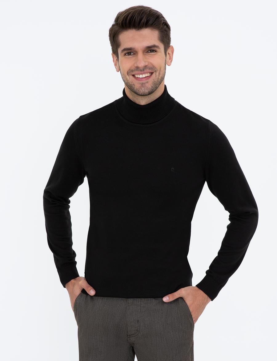 Siyah Slim Fit Balıkçı Yaka Basic Triko Kazak