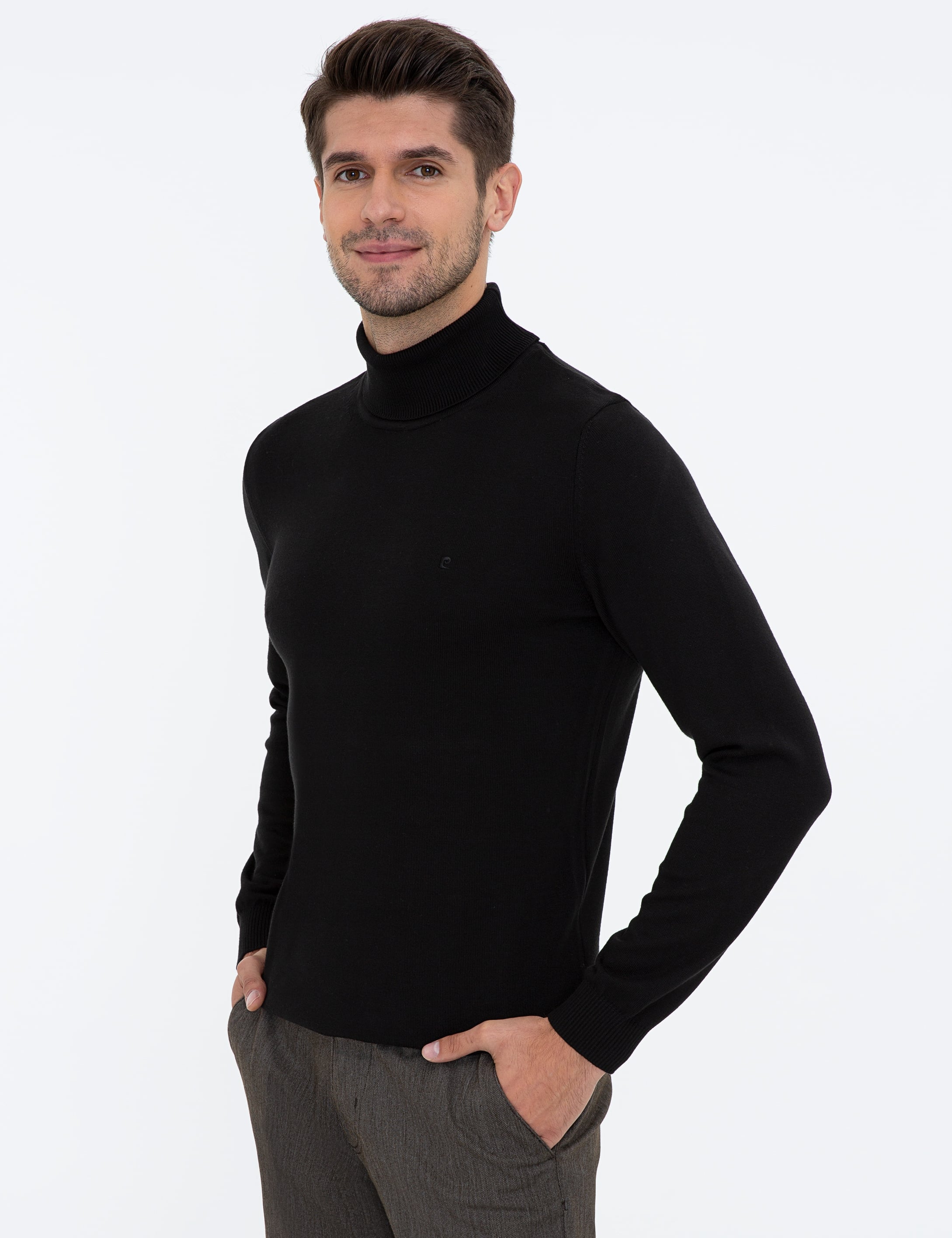 Siyah Slim Fit Balıkçı Yaka Basic Triko Kazak